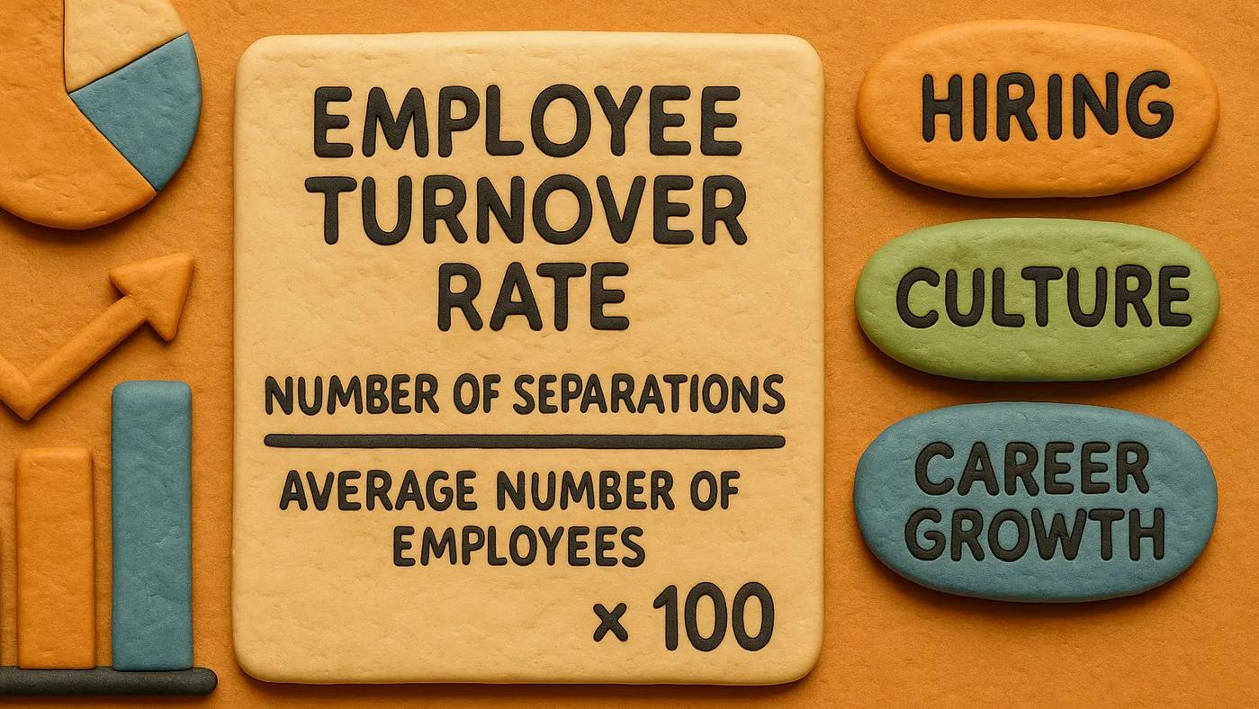 Claymation-style infographic showing the employee turnover rate formula with labeled elements: hiring, culture, and career growth. Visual includes pie chart, bar chart, and textured orange background. Ideal for startup HR or retention strategy content.
