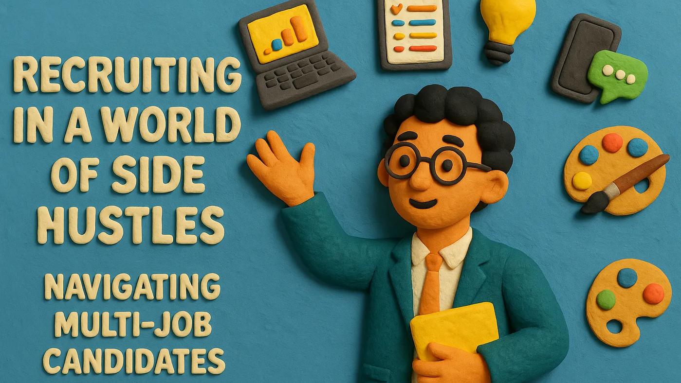 Claymation-style recruiter juggling side hustles and full-time roles.