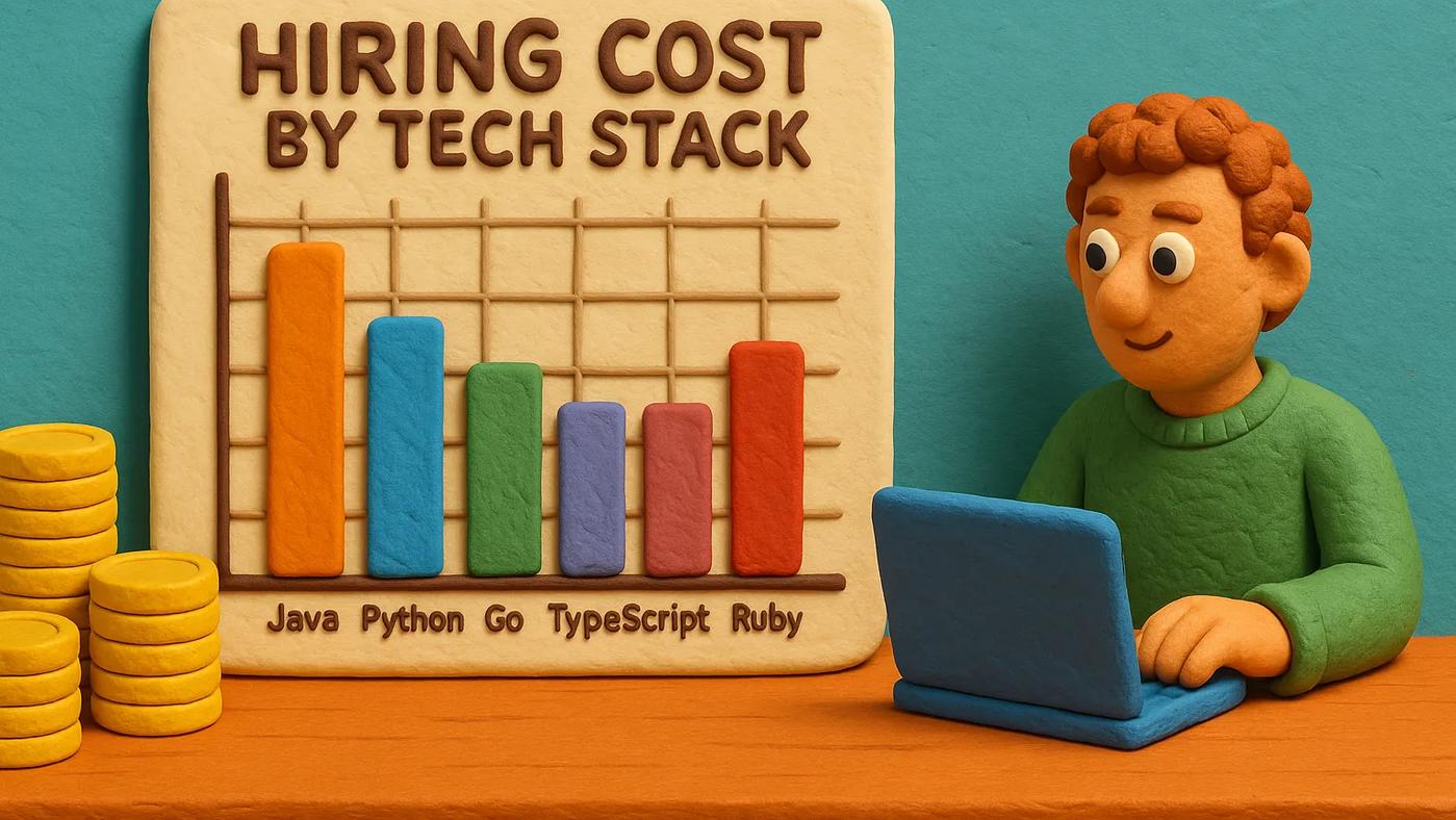 Claymation-style chart comparing hiring costs by tech stack (Java, Python, Go, TypeScript, Ruby), with a recruiter figure on a laptop and stacks of coins, against a teal background.