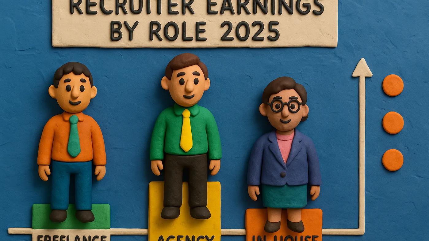 Claymation-style illustration showing three recruiter types: Freelance, Agency, and In-House - each standing on labeled blocks representing their earnings levels in 2025, set against a stylized graph background.