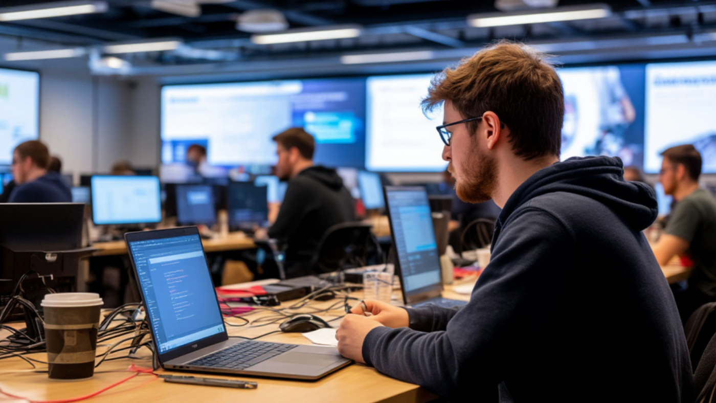 a person sitting in front of a laptop on hackaton