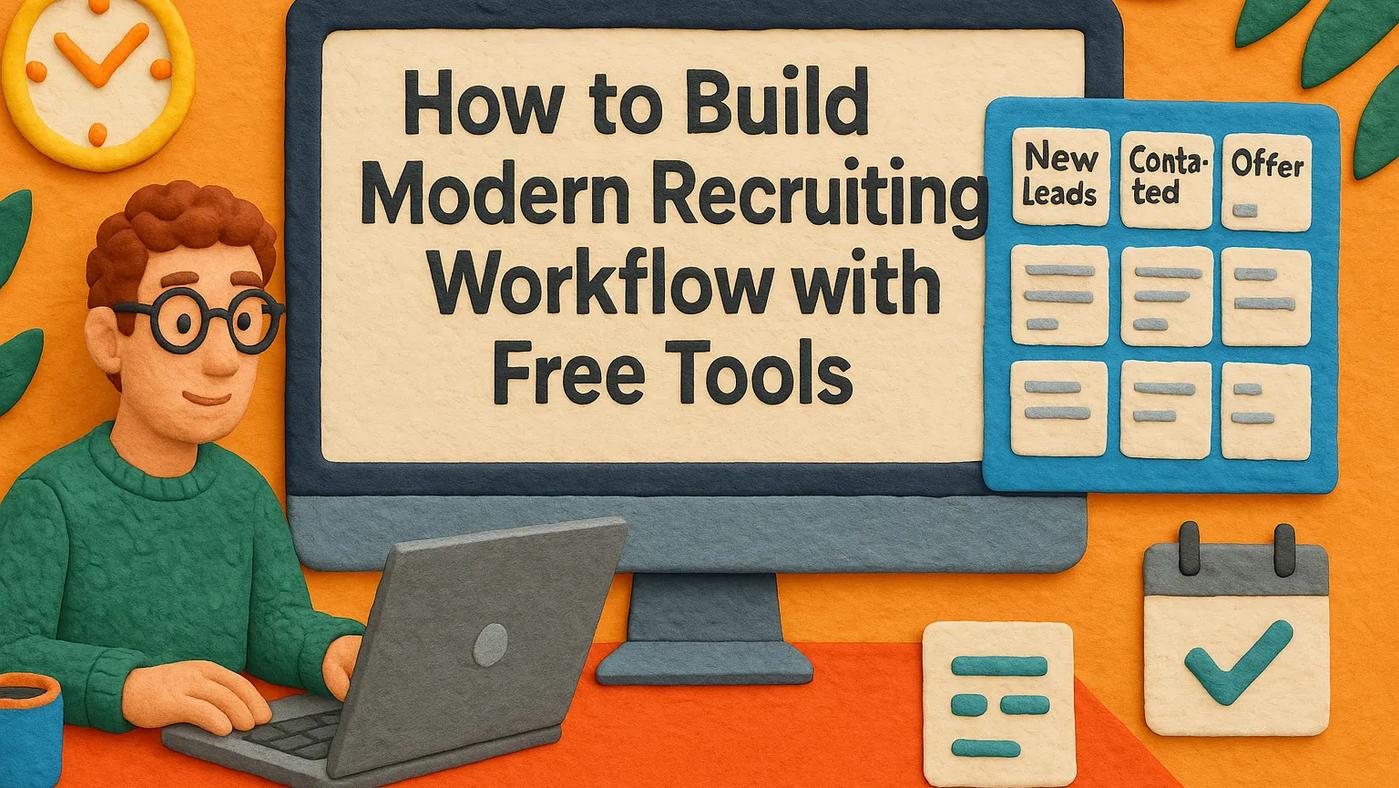Claymation-style illustration of a recruiter using a laptop, with a large screen displaying “How to Build a Modern Recruiting Workflow with Free Tools,” surrounded by task boards, calendar, checklist, and tropical leaves.