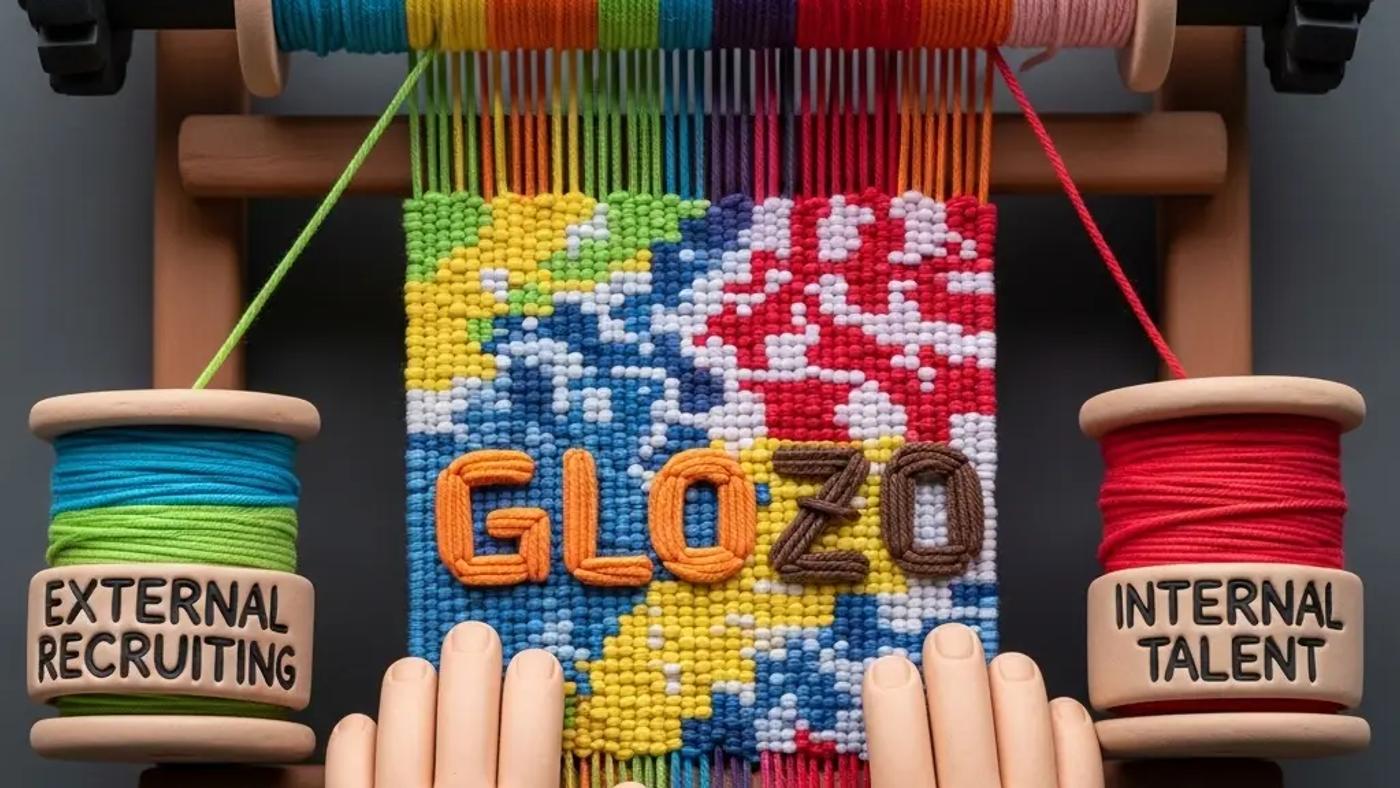 A claymation diorama showing threads from 'External Recruiting' and 'Internal Talent' being woven together on a loom to create a tapestry with the GLOZO logo, symbolizing a unified talent strategy.