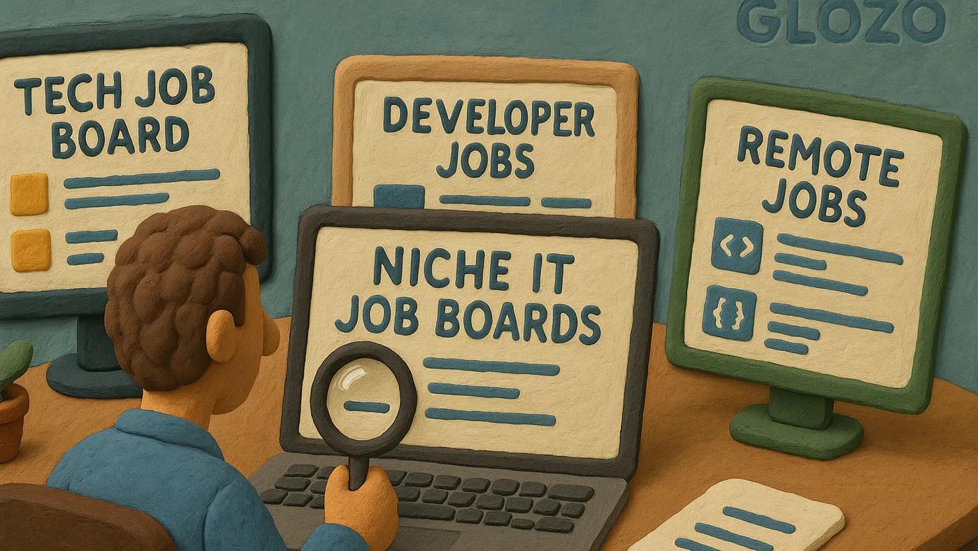 Claymation-style illustration of a recruiter analyzing multiple screens showing niche IT job boards, including labels like "Developer Jobs" and "Remote Jobs," with a hidden Glozo logo subtly embedded in the background wall.