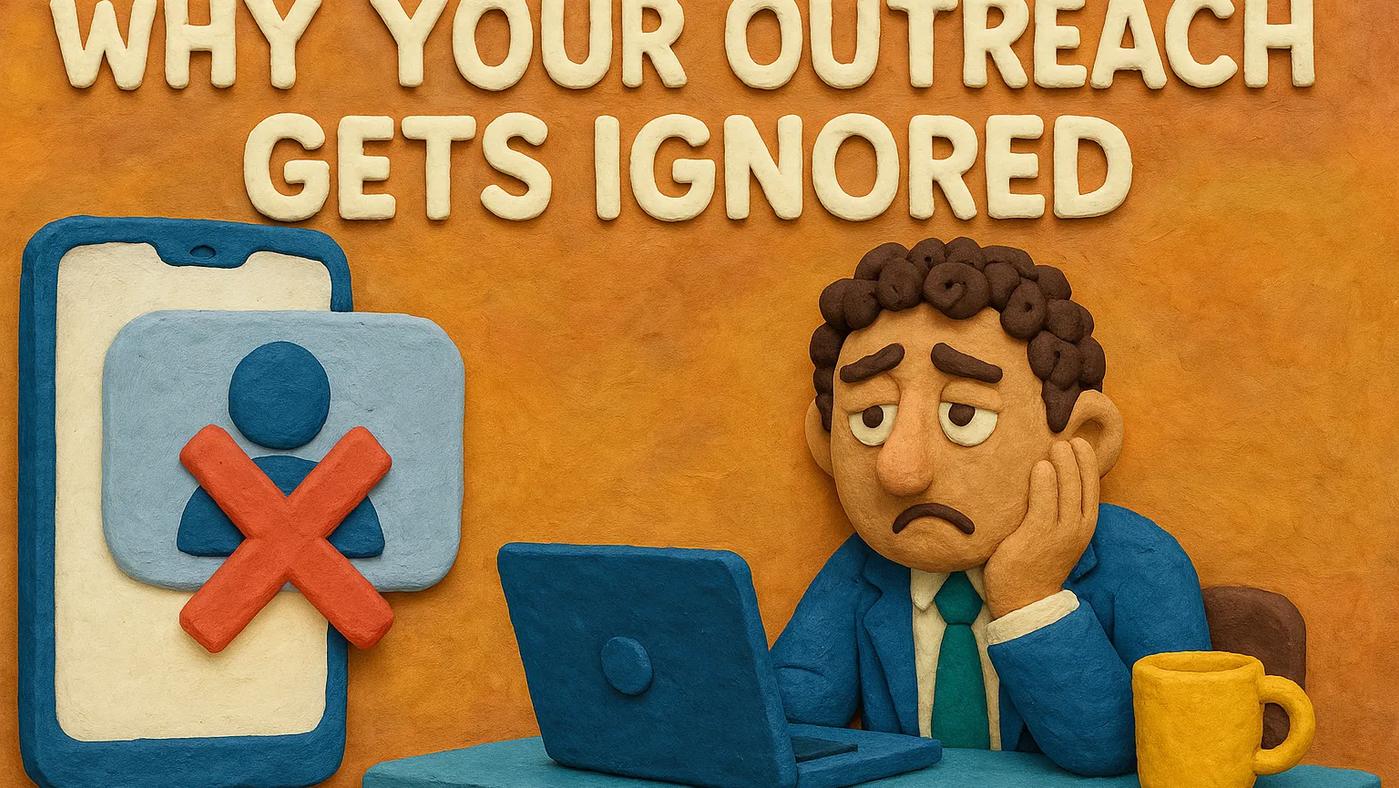 Claymation-style recruiter at desk with laptop, looking frustrated as a large phone screen shows a red “X” over a contact icon, with the bold title “Why Your Outreach Gets Ignored” above.