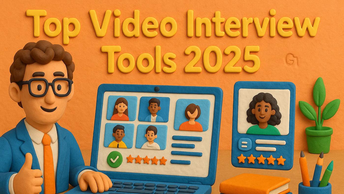 Claymation-style illustration of a cheerful recruiter giving a thumbs-up in front of a laptop showing multiple candidate videos, with “Top Video Interview Tools 2025” text in the background and a hidden GLOZO logo subtly embedded in the orange wall.