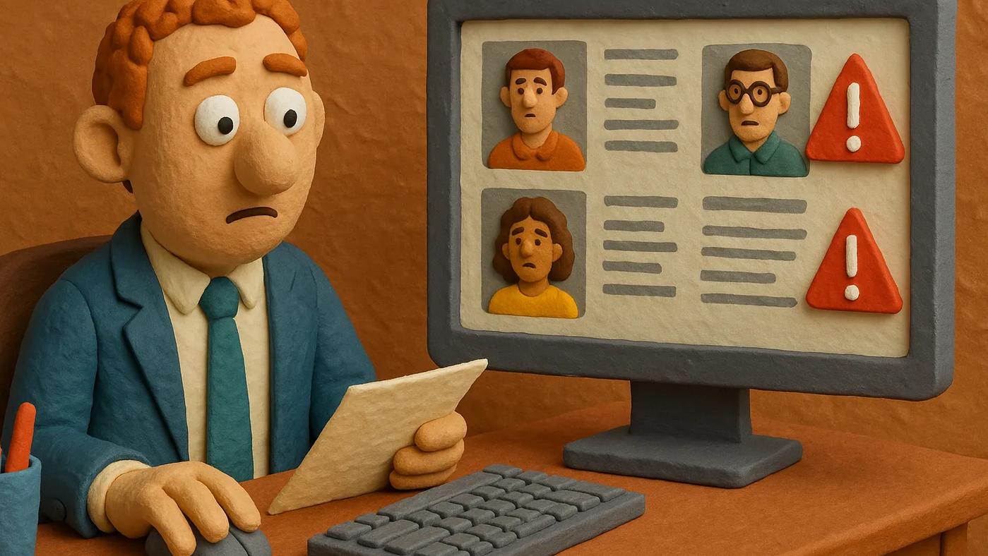 Claymation recruiter reviewing candidate profiles with warning symbols on screen