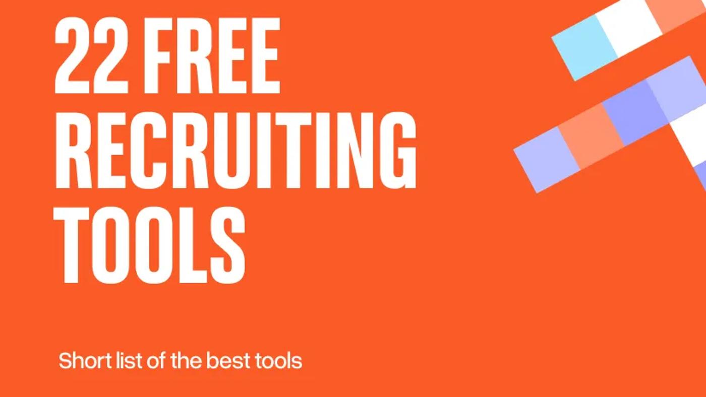 Bright orange cover image with bold white text reading '22 Free Recruiting Tools' and a subheading 'Short list of the best tools', featuring geometric patterns in pastel colors