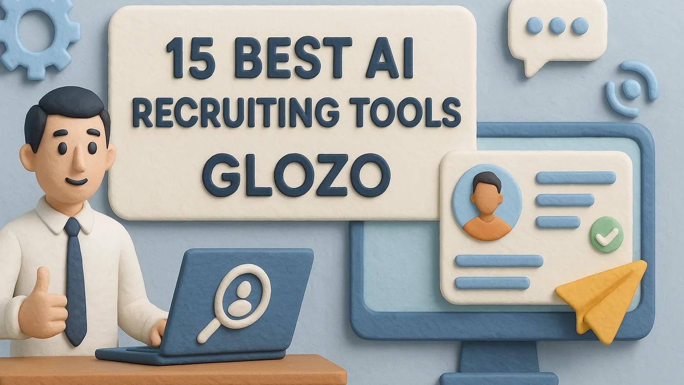 Clay-style illustration of a recruiter at a desk using AI recruiting software, with a screen showing candidate profiles and a “15 Best AI Recruiting Tools – Glozo” banner in soft blue tones.