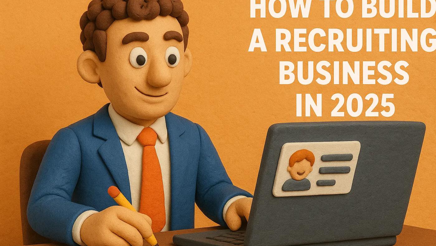 Claymation-style businessman in a blue suit working on a laptop with the Glozo logo, sitting at a desk against an orange background, with the title "How to Build a Recruiting Business in 2025" displayed in white text.