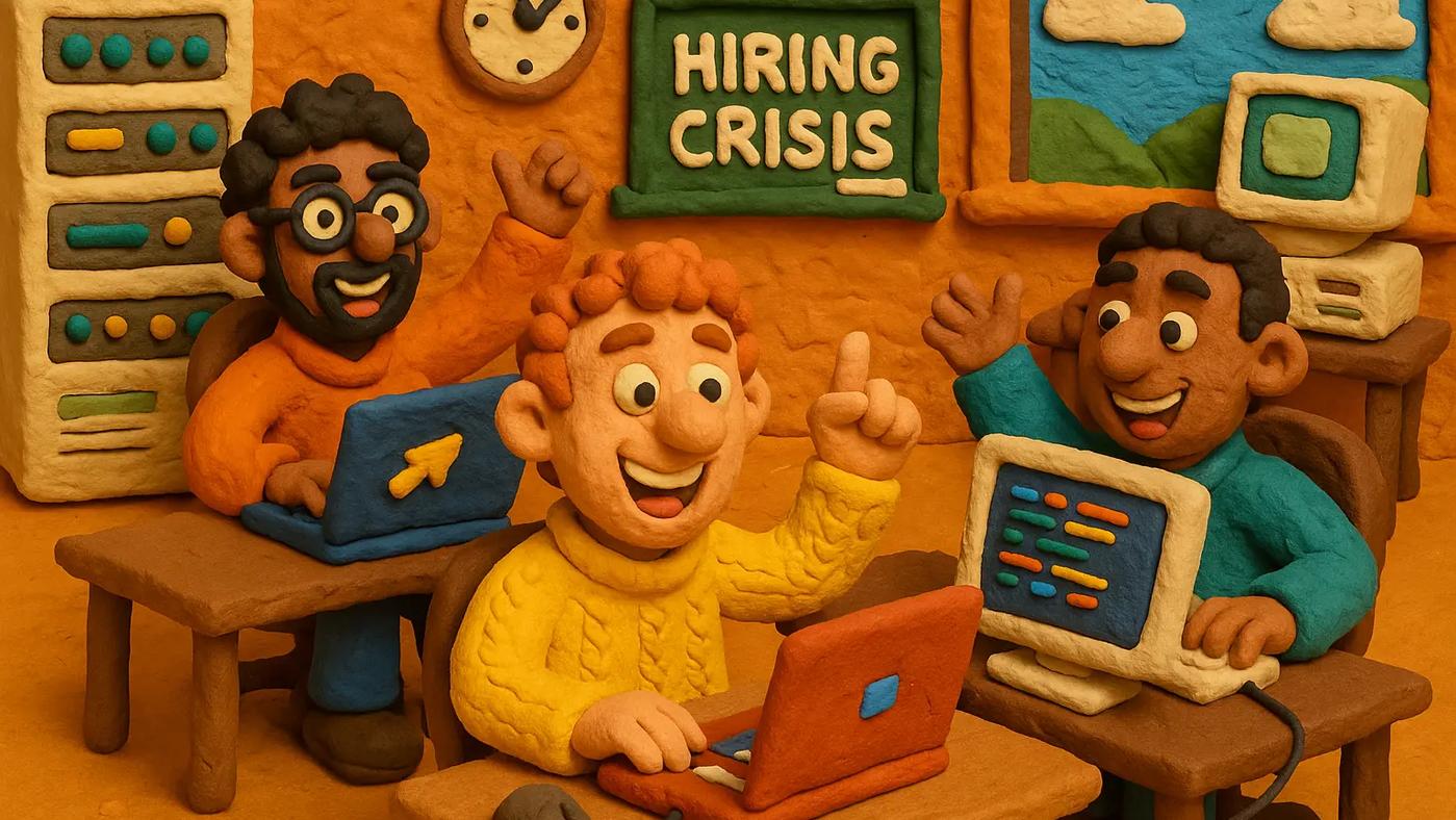 Claymation-style illustration of happy recruiters and developers working together in a tech office during the hiring crisis, symbolizing a proactive approach to modern IT recruitment in 2025.