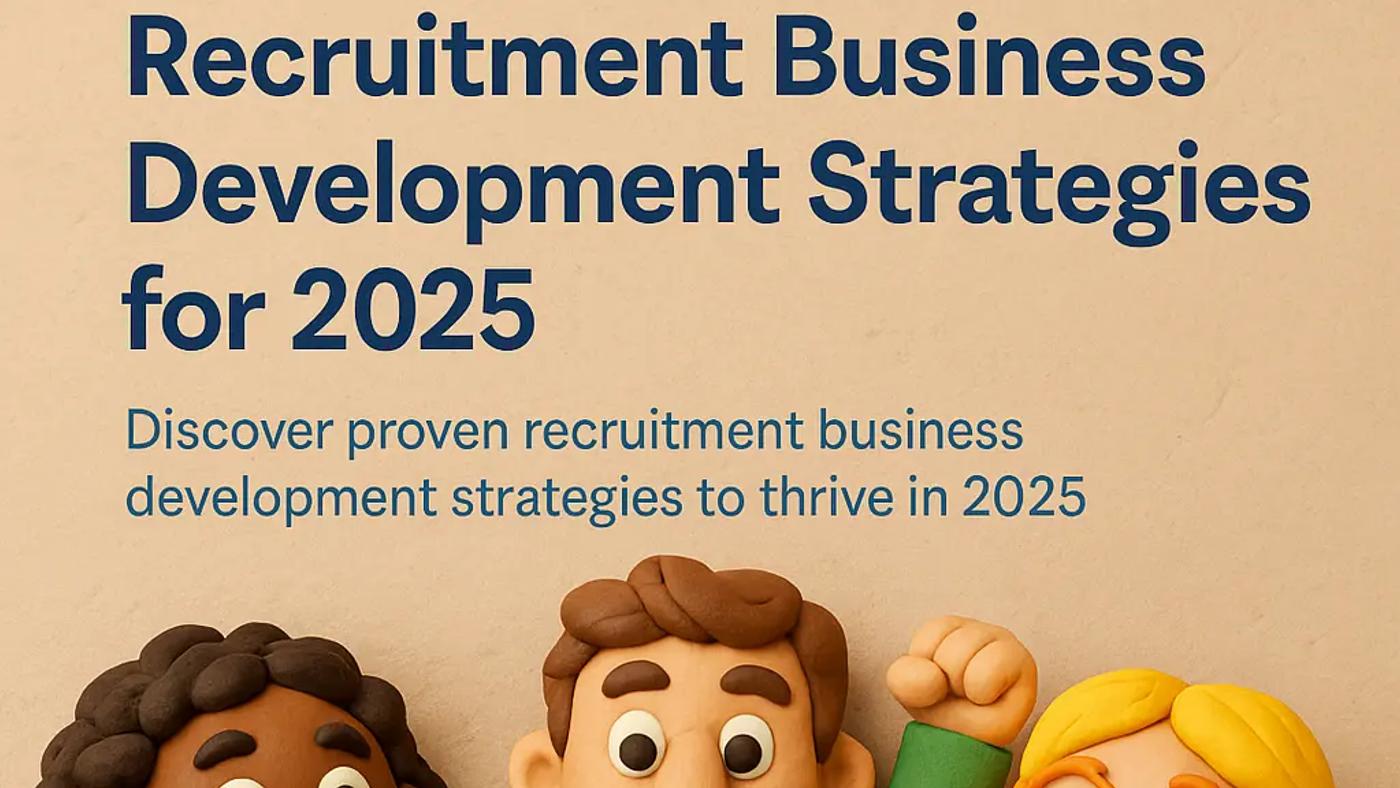 Claymation-style illustration of three cheerful recruiters collaborating around a laptop and growth chart, symbolizing recruitment business development strategies for 2025.