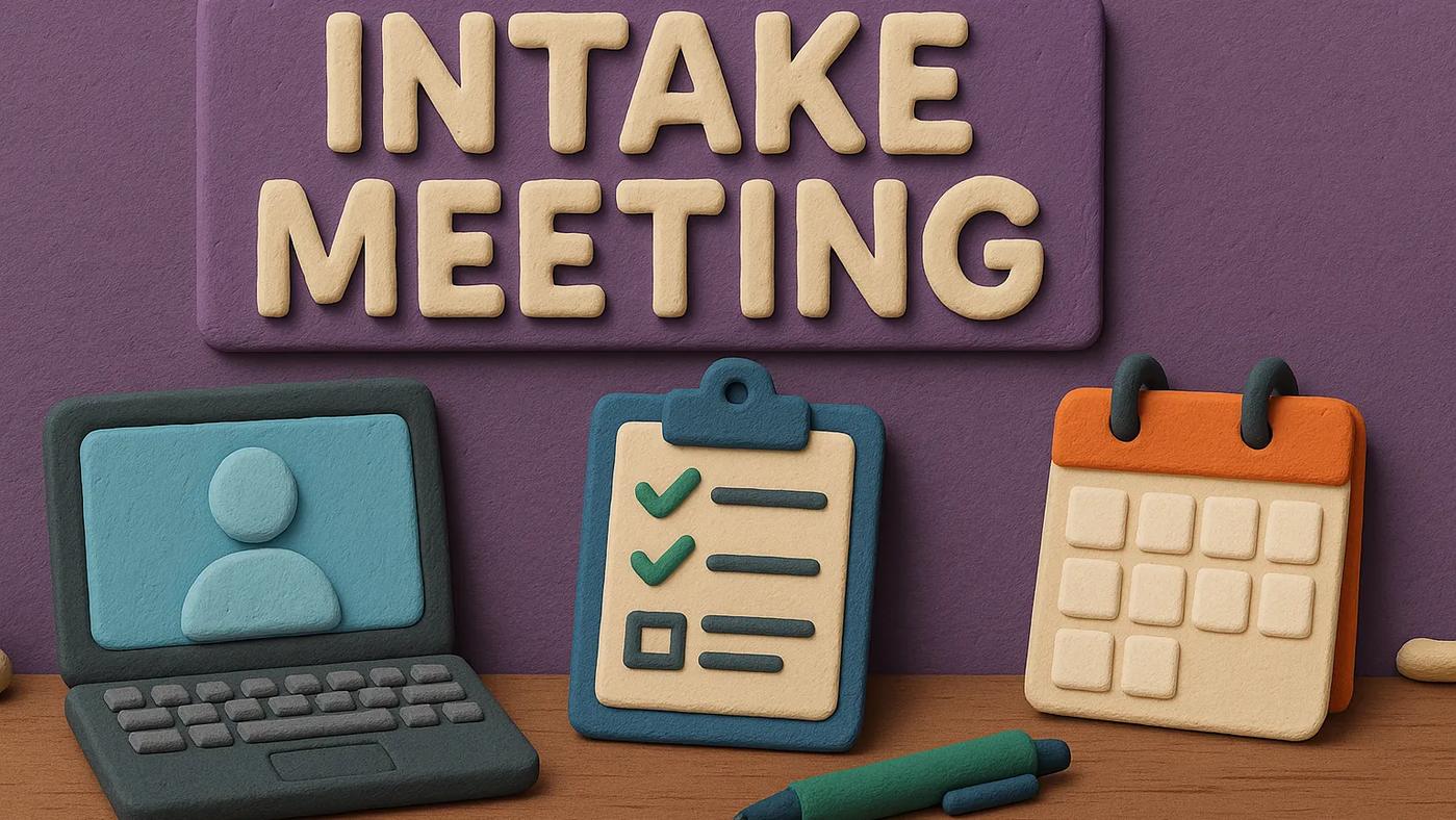 Claymation-style scene of an intake meeting setup with a laptop, checklist clipboard, calendar, and pen arranged neatly on a desk under a purple “INTAKE MEETING” sign