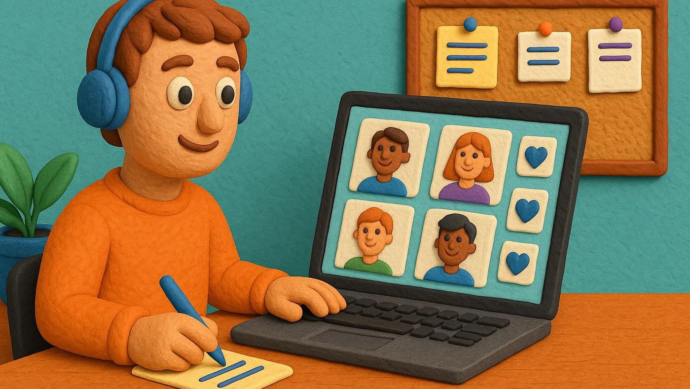 Claymation-style illustration of a freelance recruiter wearing headphones, working on a laptop with candidate profiles on screen, taking notes at a desk with a plant and corkboard in the background.