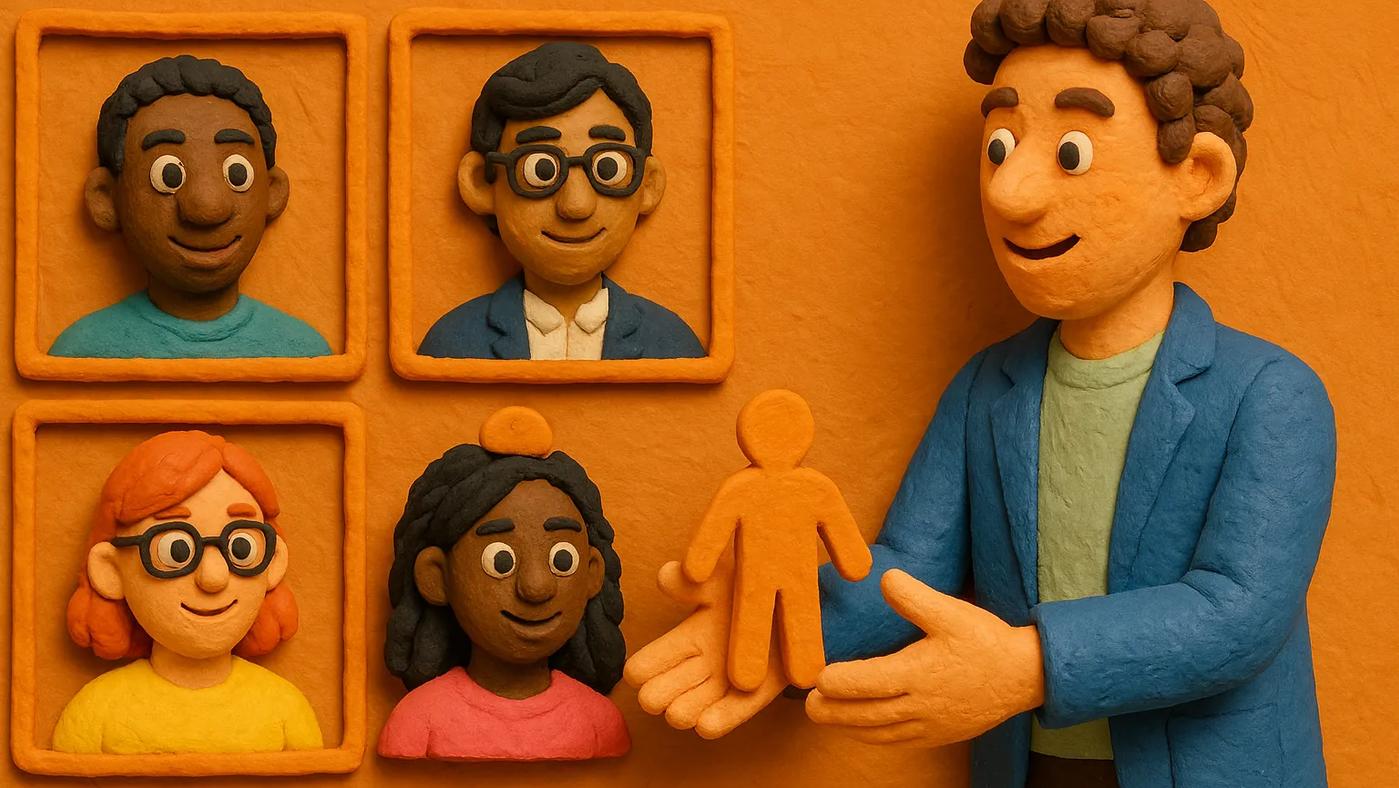 Claymation recruiter placing a puzzle piece to build a diverse startup team.