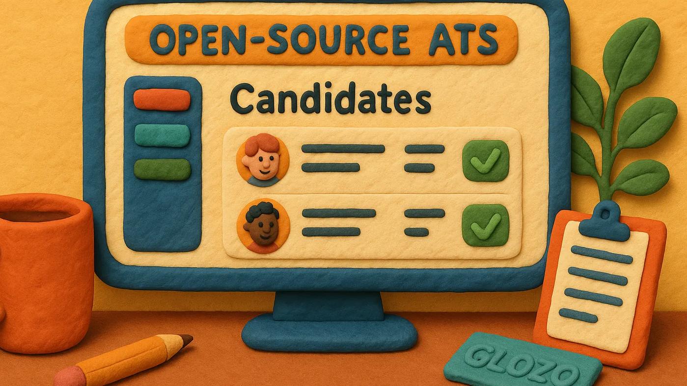 Claymation-style image of a desktop with an open-source ATS dashboard on a computer screen, showing candidate profiles, surrounded by office items and a hidden Glozo logo.