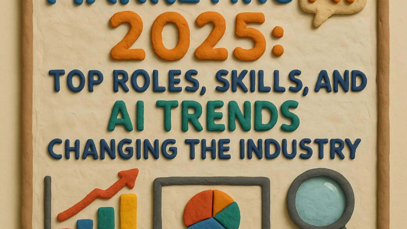 A claycation-style poster with a wide frame, displaying the title “Marketing 2025: Top Roles, Skills, and AI Trends Changing the Industry.” At the bottom are clay figures: a rising bar chart, a laptop with a pie chart, and a magnifying glass. In the top right corner, a hidden “GLOZO” logo is disguised as a speech bubble with the letters “AI.”