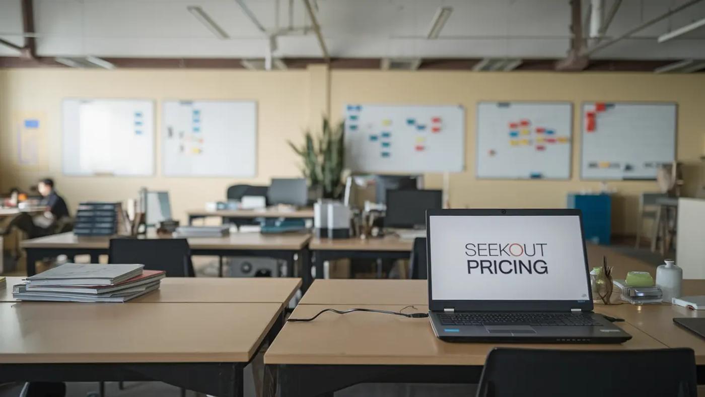 The laptop is on a desk in the office. The message on the screen reads: “SeekOut Pricing”