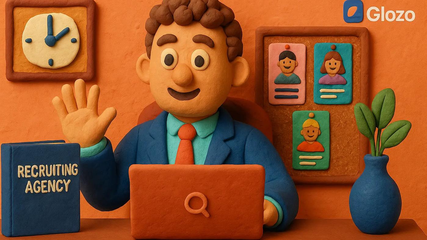 Claymation-style image of a smiling solo recruiter at a desk, waving with one hand while using a laptop. A “Recruiting Agency” book, candidate cards on a bulletin board, and a small Glozo logo are visible in the cozy office scene.