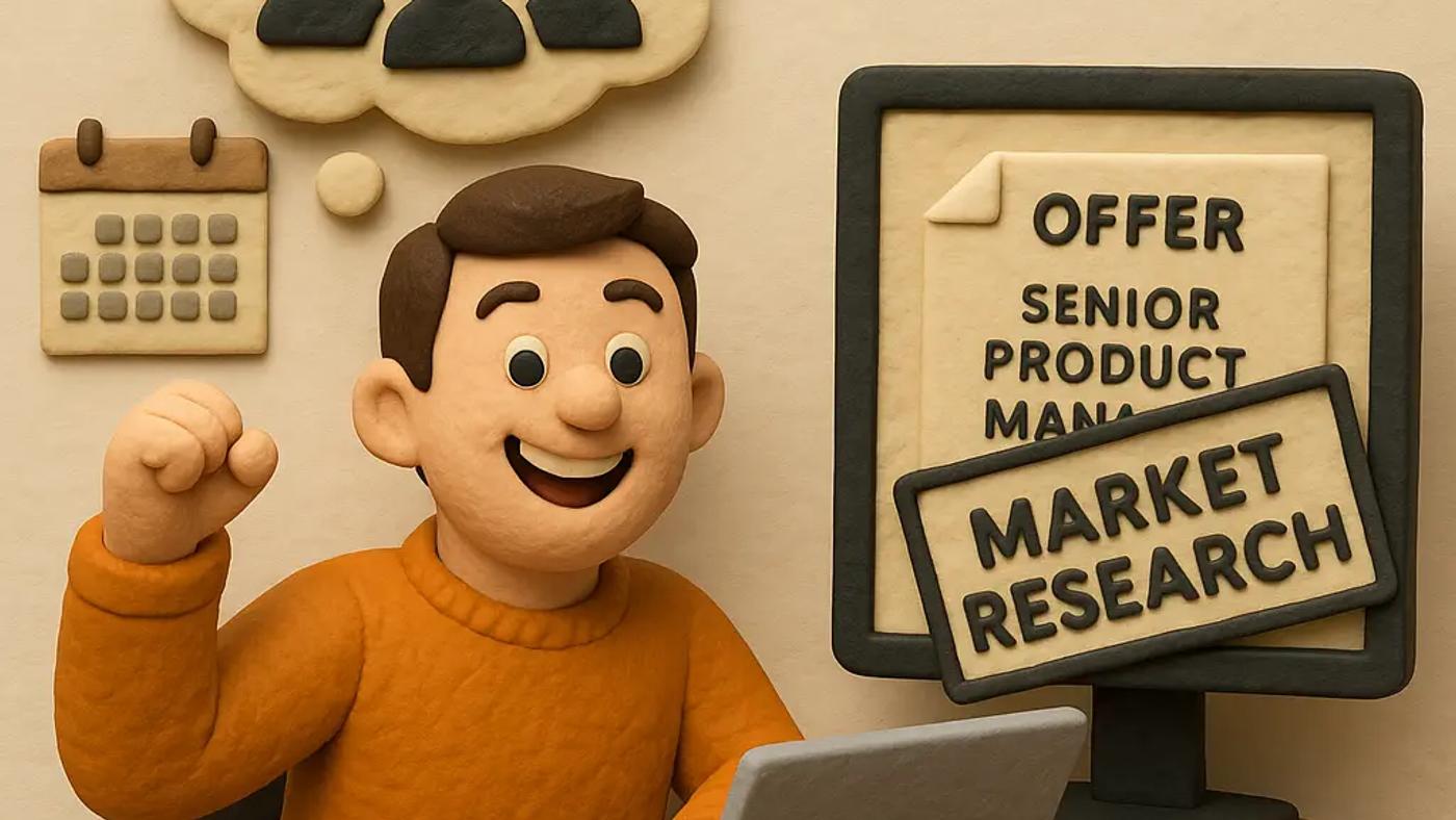 Claymation-style illustration of a smiling man in an orange sweater at a desk with a laptop, raising his fist in excitement. A computer monitor shows a “Senior Product Manager” job offer with a “Market Research” sign, and a thought bubble above him contains dollar signs and silhouettes of people, symbolizing successful hiring strategy.