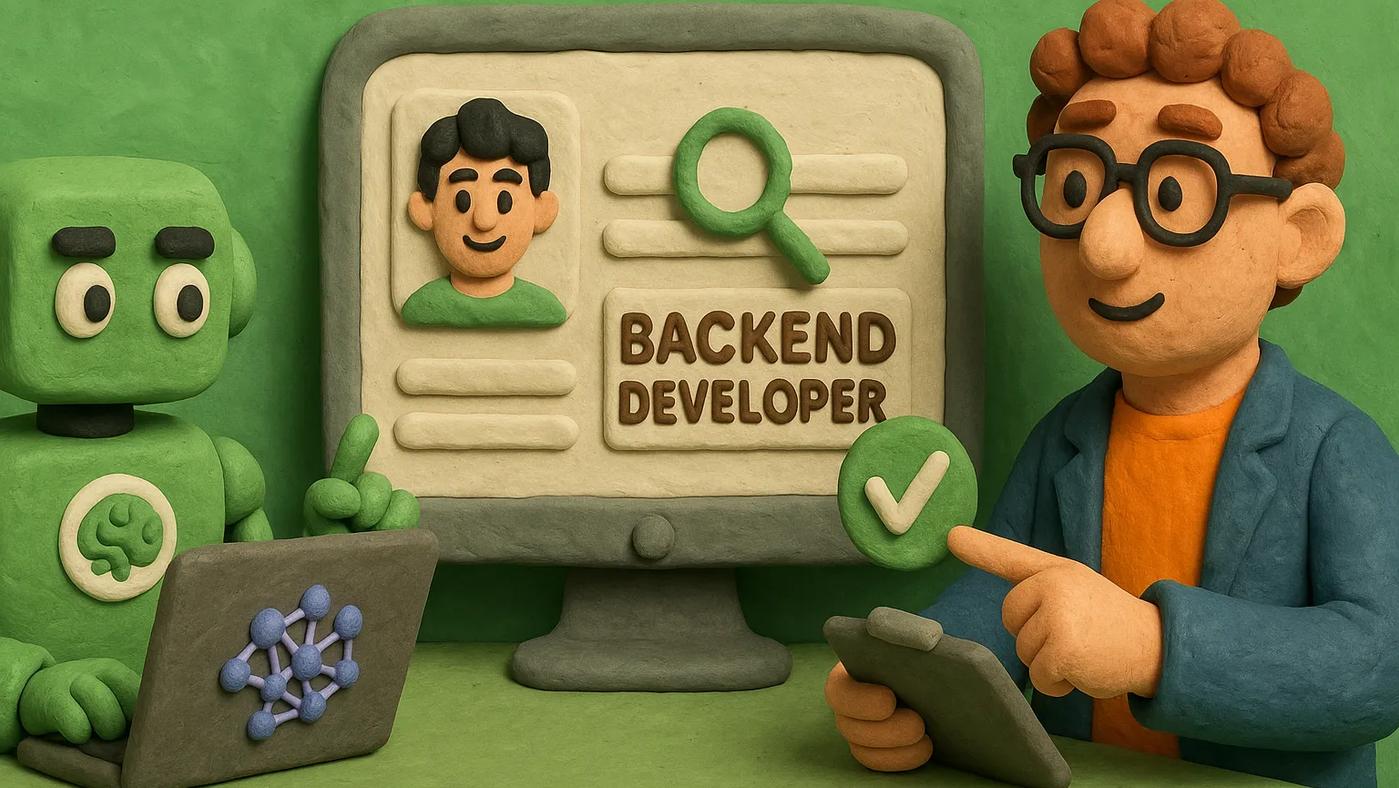 Claymation-style recruiter and AI robot matching a backend developer.