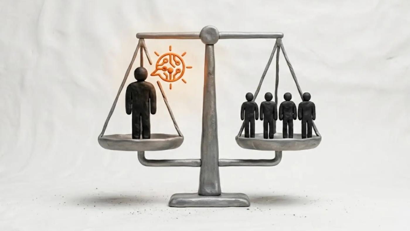 Balance scale showing one person with AI equal to four without it — Block layoffs 2026 impact on recruiters