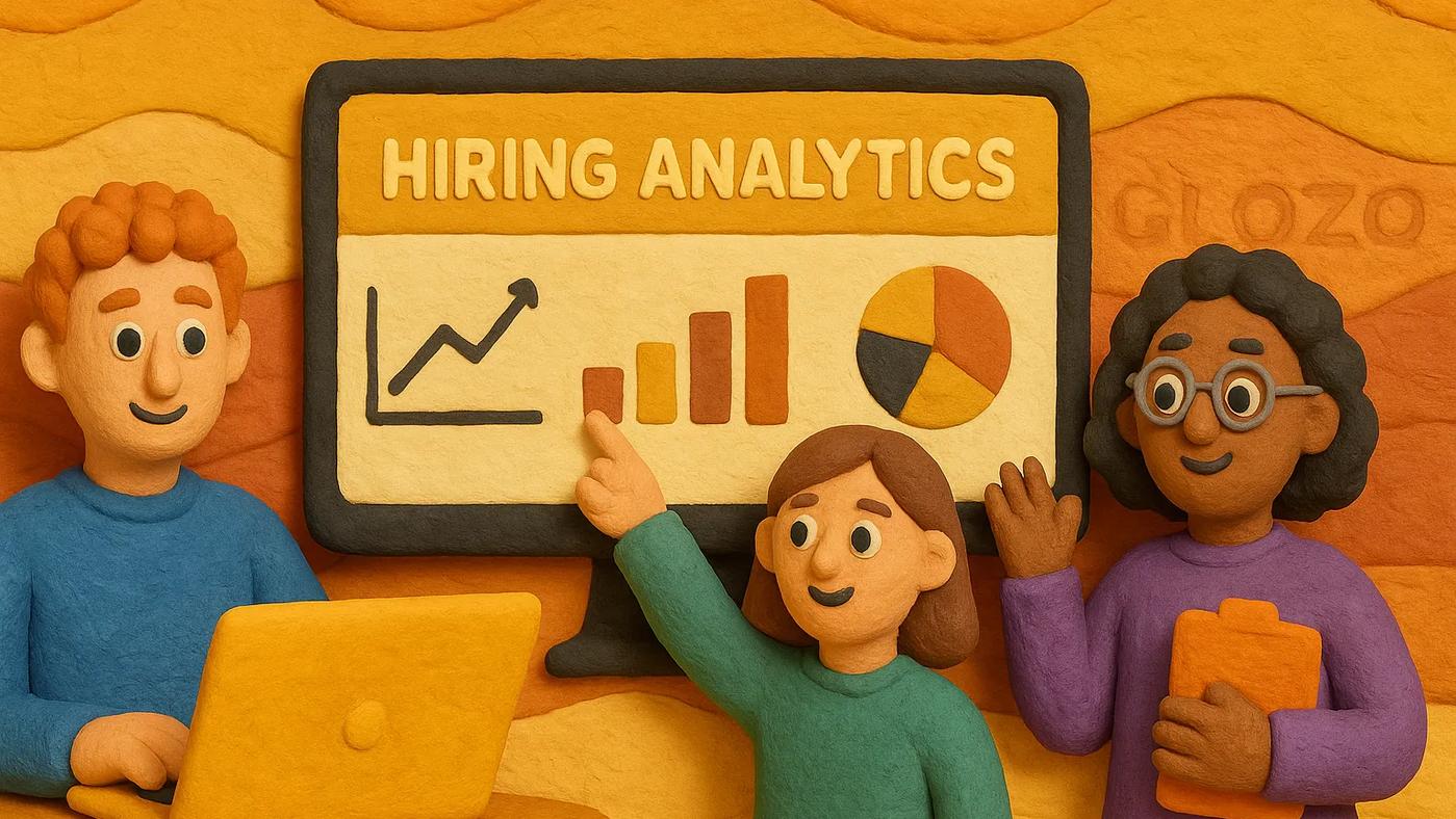 Claymation-style illustration of three recruiters analyzing hiring data on a dashboard screen, featuring graphs and charts, with a hidden “Glozo” logo subtly embedded in the orange background wall.