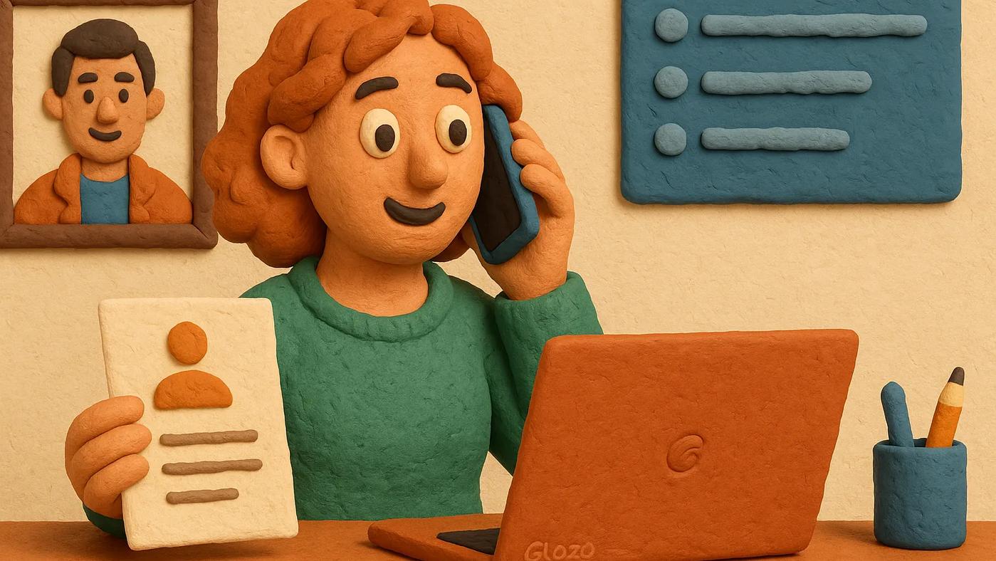 Claymation-style recruiter in a blue shirt on a phone call, writing notes at a desk, with framed portraits of a candidate and a reference contact, the words “Reference Checks” above, and a Glozo logo in the corner.