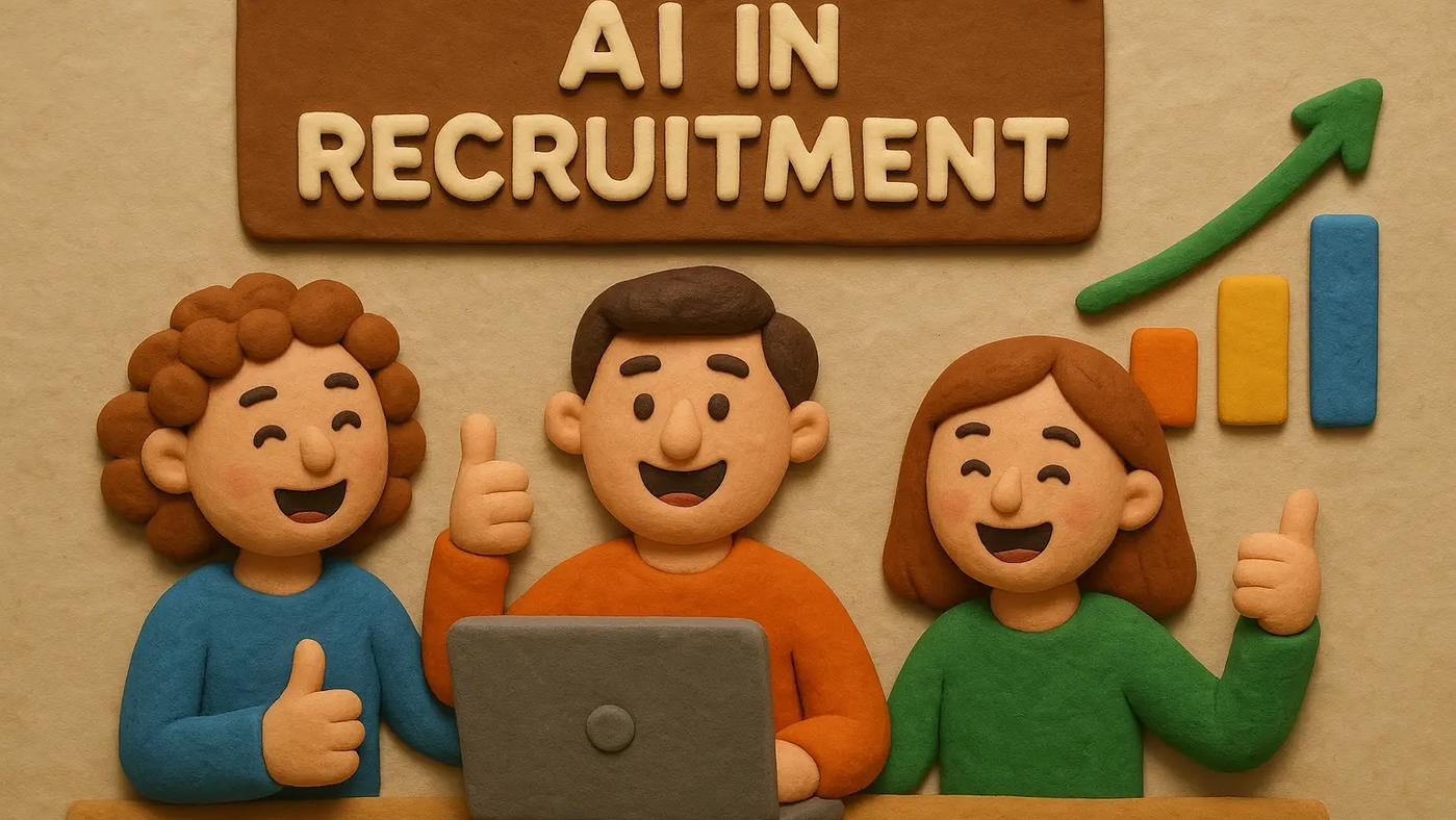 Claymation-style illustration of happy recruiters collaborating at a laptop under the sign “AI in Recruitment,” with a rising bar chart symbolizing recruitment business development strategies in 2025.