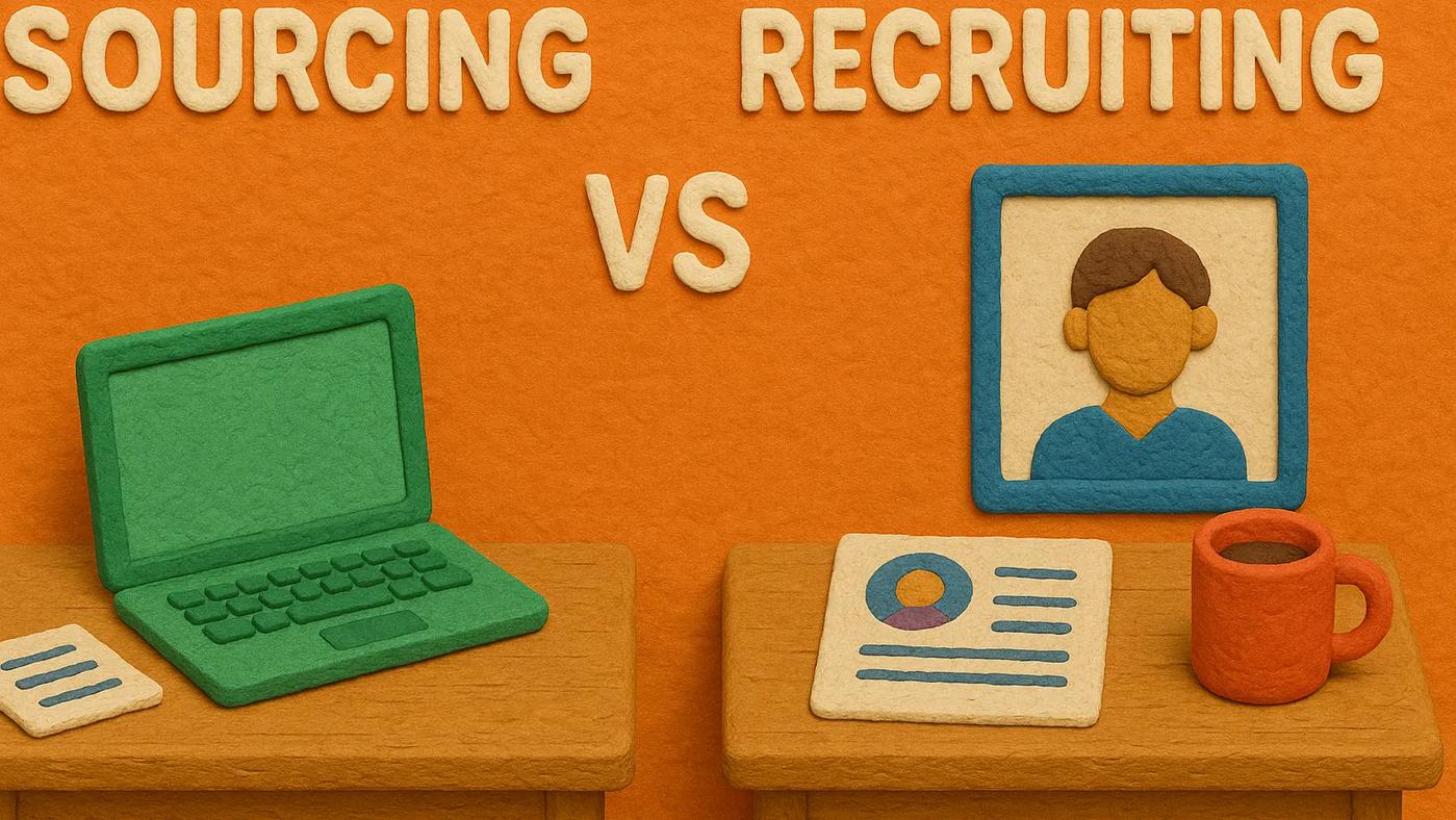 Claymation-style image showing two desks: one with a green laptop and sourcing documents, the other with a candidate profile, coffee mug, and framed photo, labeled "Sourcing vs Recruiting”