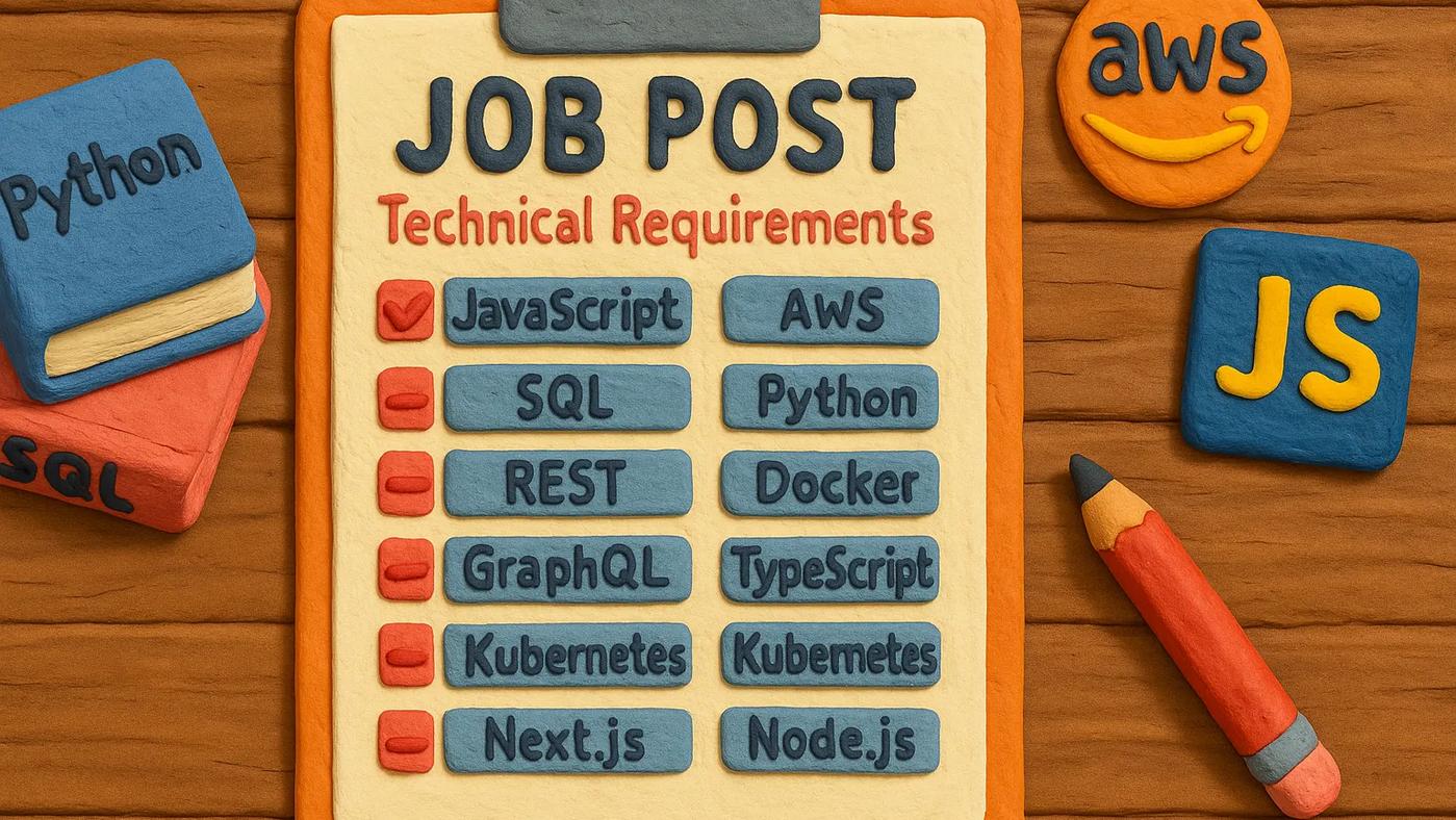Claymation-style illustration of a job posting on a clipboard listing technical skills like JavaScript, AWS, Python, Docker, and SQL, with related clay icons and books.