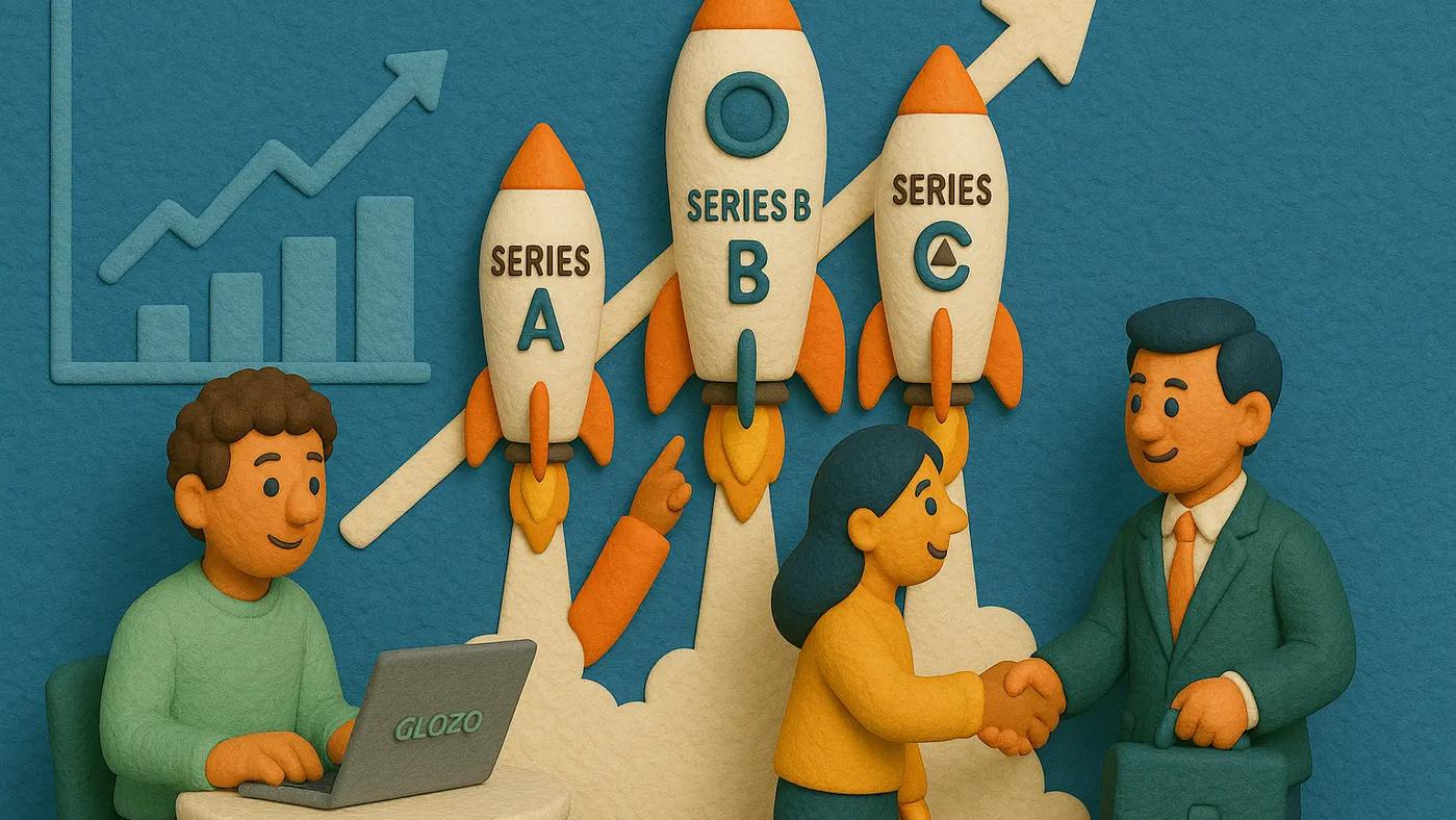 Claymation-style illustration showing recruiters and startup funding stages with rockets labeled Series A, B, and C, symbolizing hiring growth; a hidden Glozo logo appears subtly on a laptop.