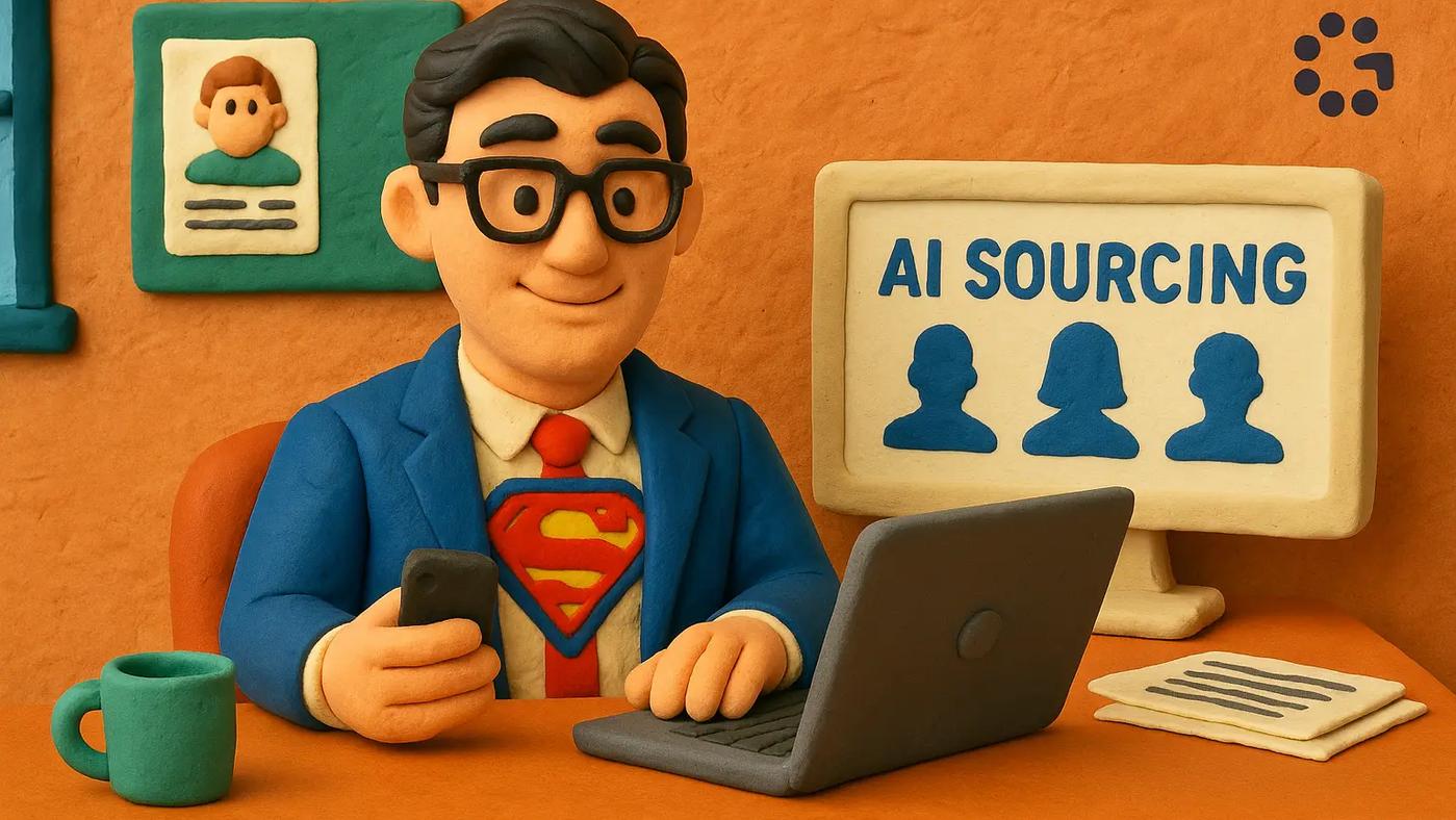 Claymation-style illustration of Clark Kent as a recruiter in an office, wearing glasses and a suit with the Superman logo showing underneath. He works on a laptop with a phone in hand, beside a screen that says “AI Sourcing” and a subtle Glozo logo in the background.
