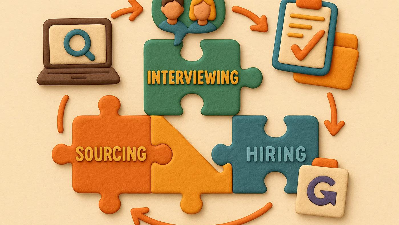 A claymation-style illustration of the recruitment cycle, with four colorful puzzle pieces labeled Sourcing, Interviewing, Evaluating, and Hiring, connected in a loop with arrows. A small hidden GLOZO logo is embedded on a toy block in the bottom corner.