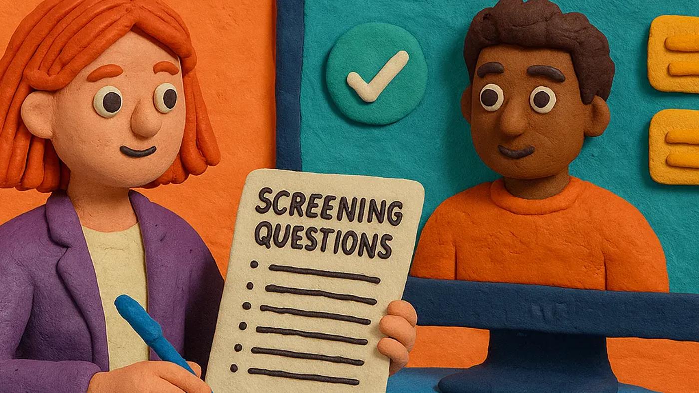 Claymation-style illustration of a recruiter holding a "Screening Questions" list during a virtual interview with a candidate on a computer screen, with the hidden Glozo logo subtly integrated in the background.