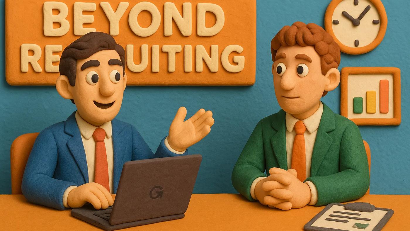 Claymation-style illustration of a talent advisor and a business professional discussing hiring strategy in a colorful office setting, with the phrase “Beyond Recruiting” on the wall and a hidden GLOZO logo subtly integrated into the scene.