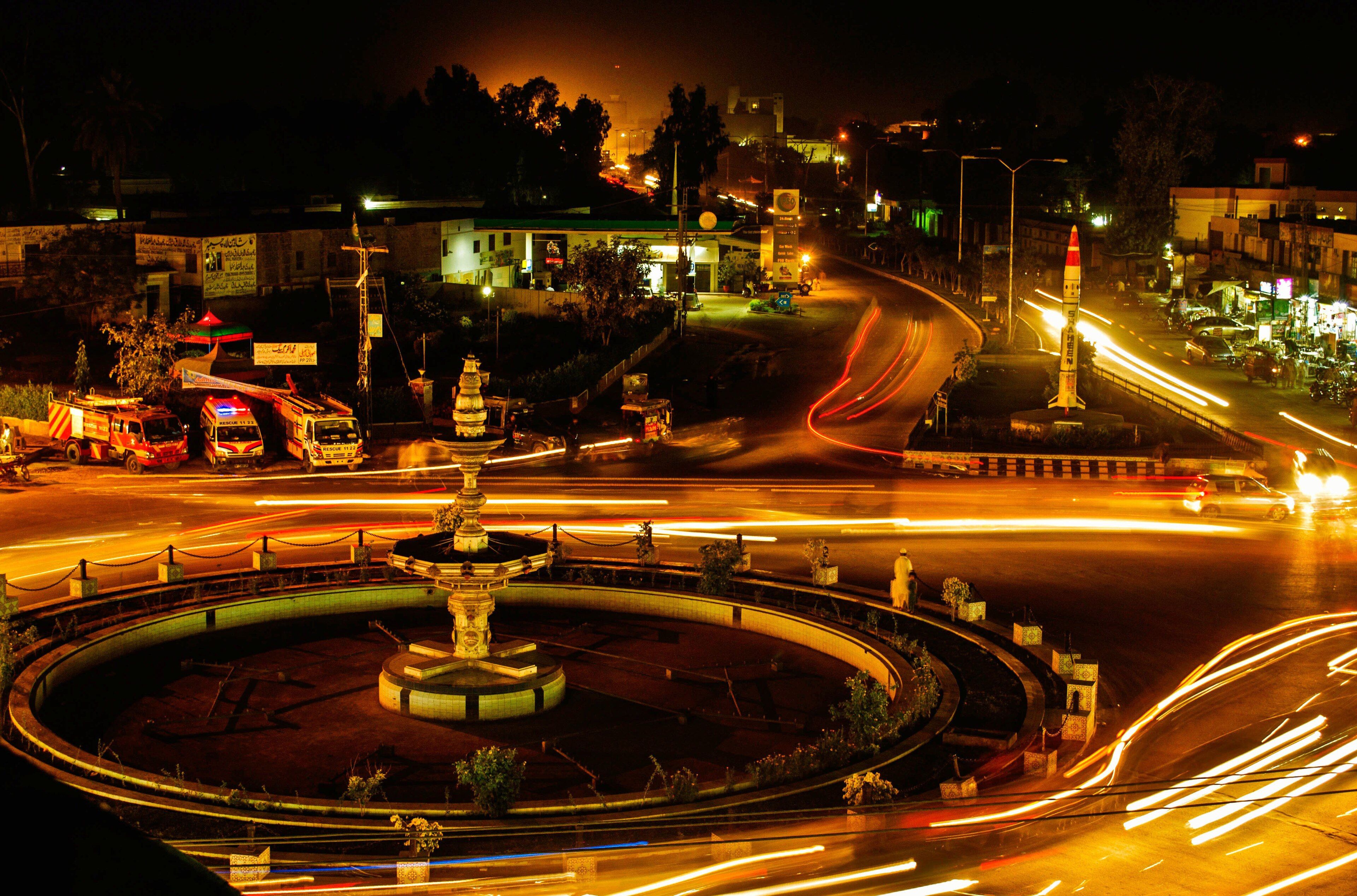 Fawara Chowk, the fountain roundabout in Bahawalpur, at night