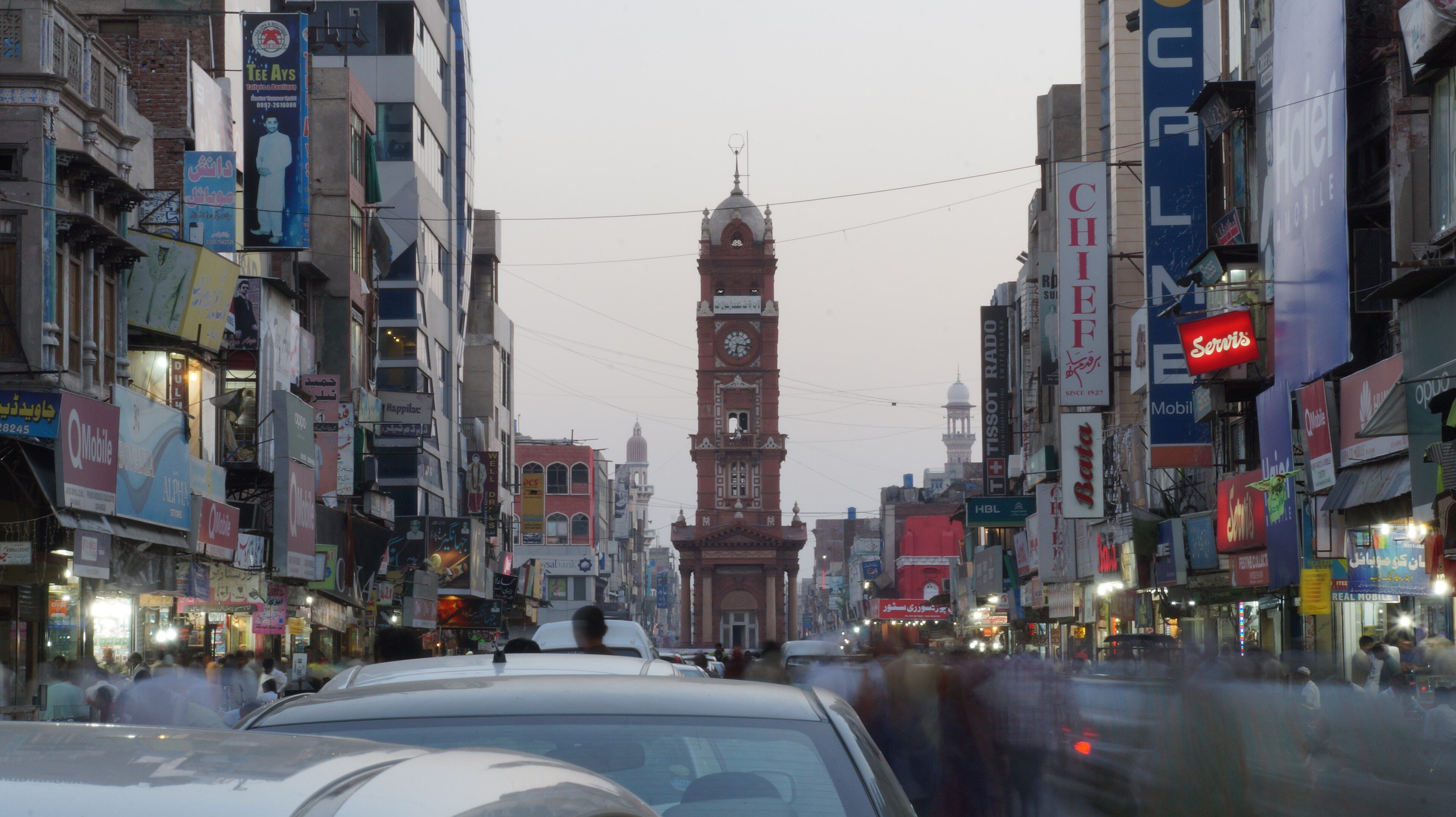 The Clock Tower (Ghanta Ghar) at the end of a bazaar in Faisalabad