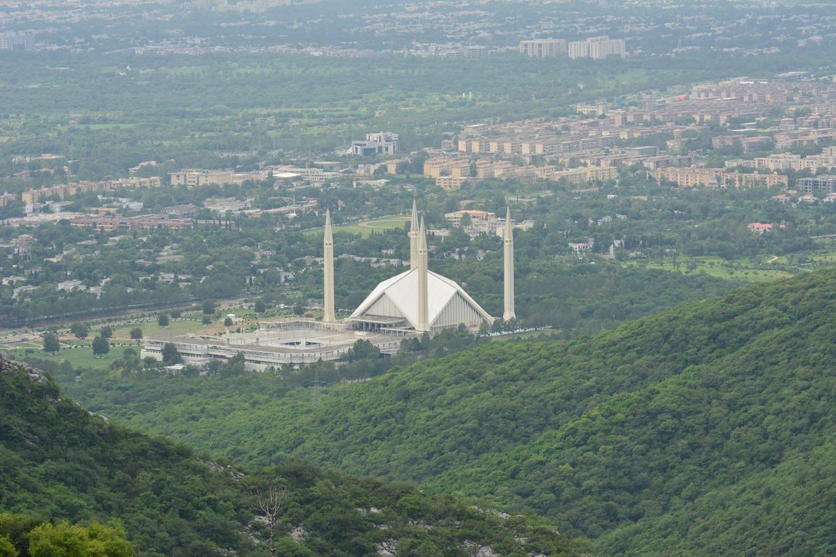 Faisal Mosque and Islamabad seen from the Margalla Hills