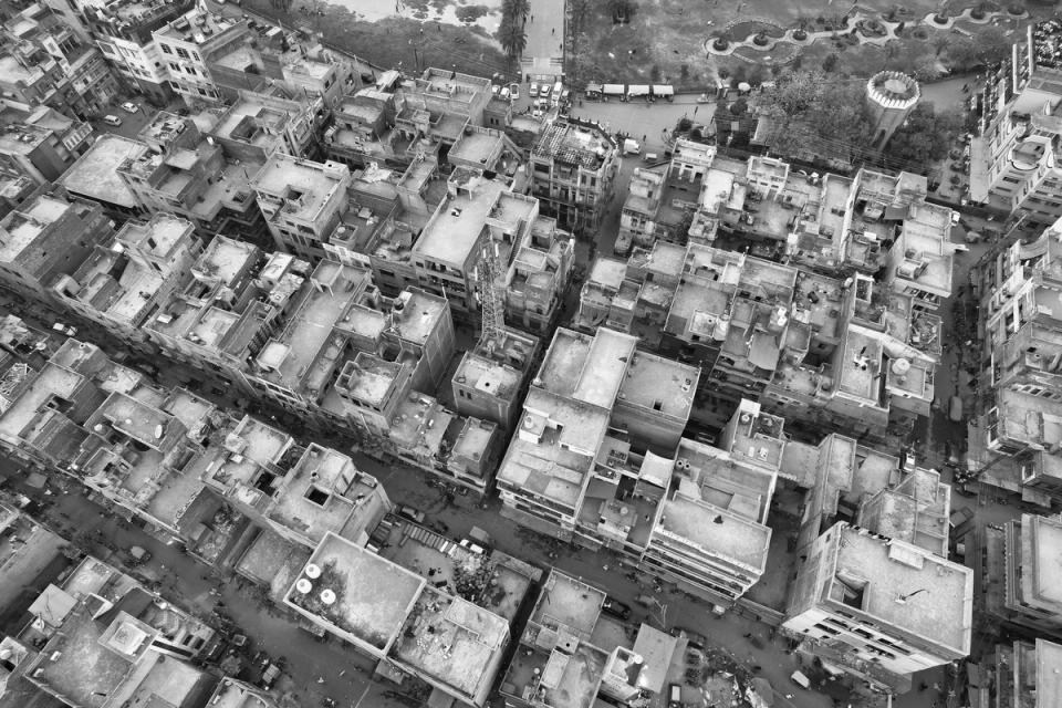 Aerial view of dense rooftops in Lahore
