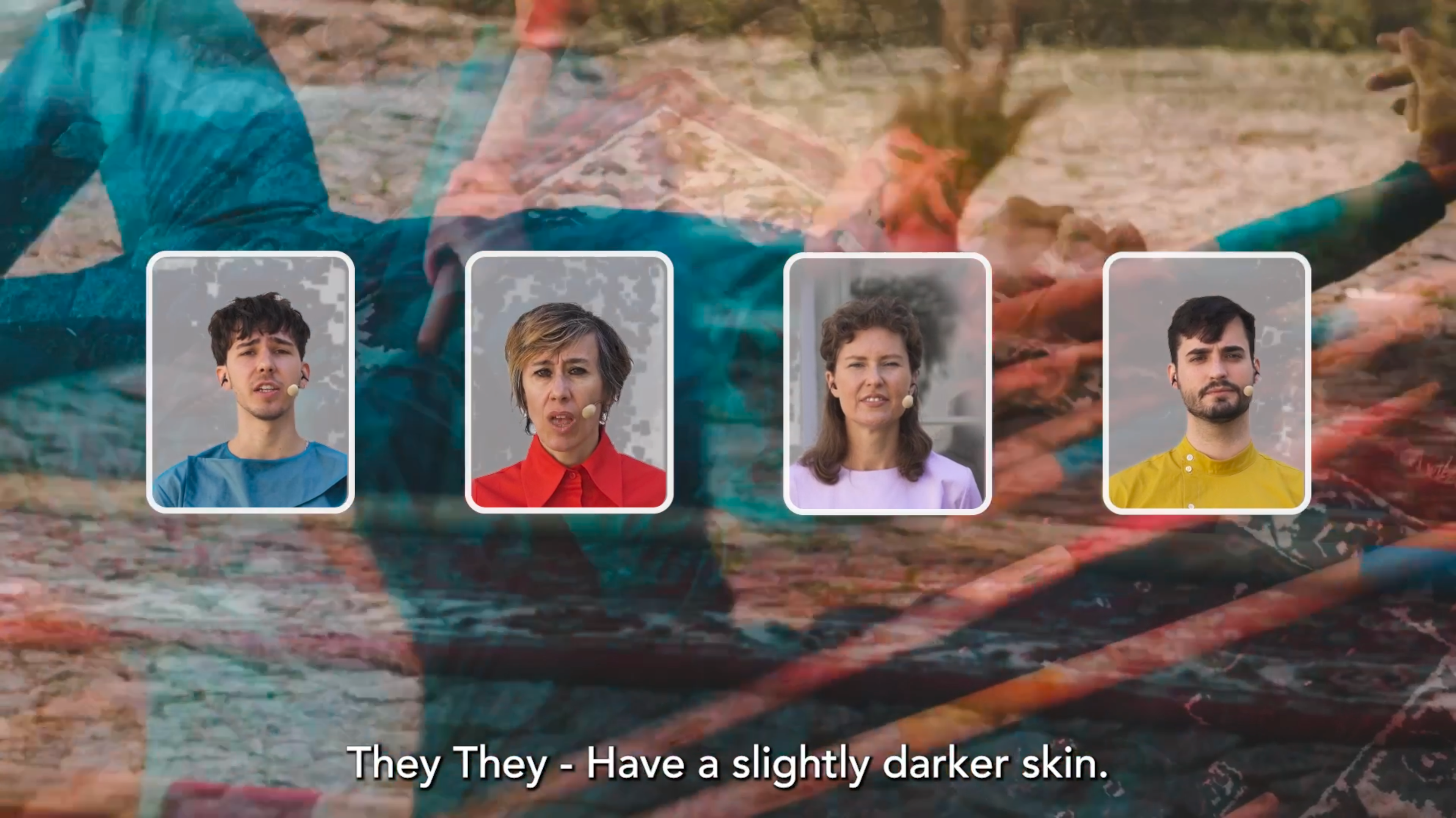 Four headshots are floating on top of an abstract, double exposed image.