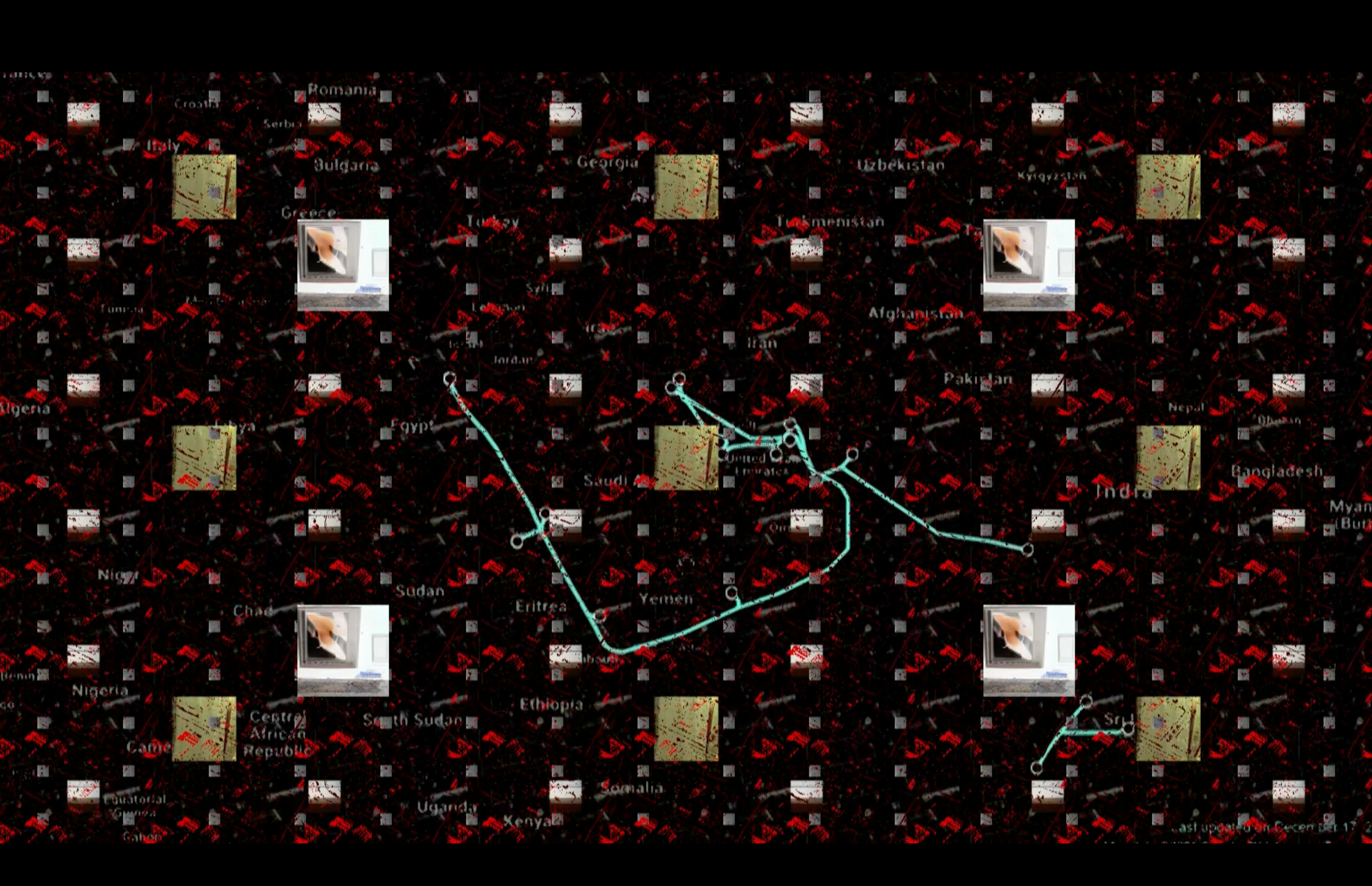 A red grid with square images over the top of it resembles a circuit board