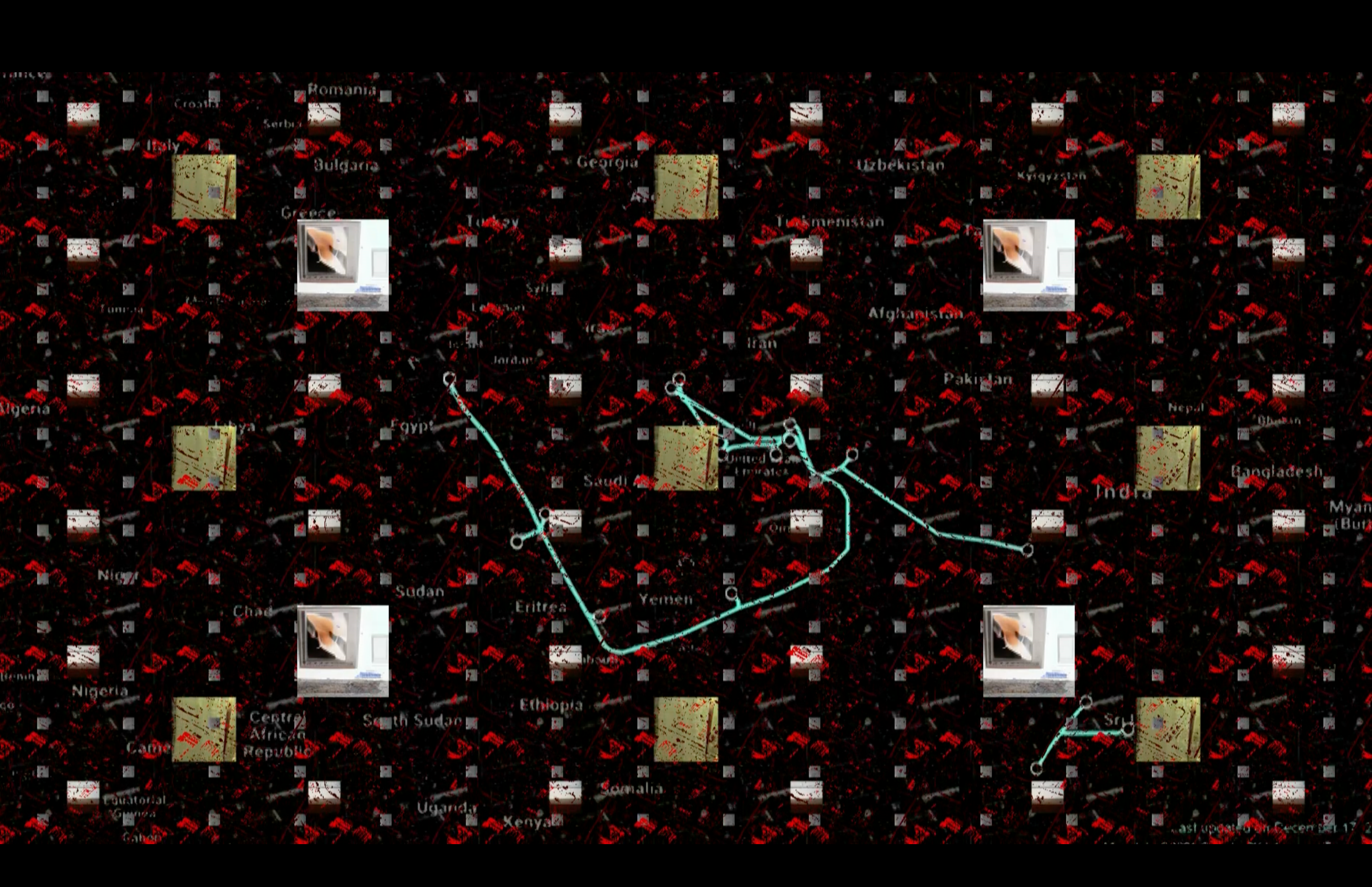 A red grid with square images over the top of it resembles a circuit board