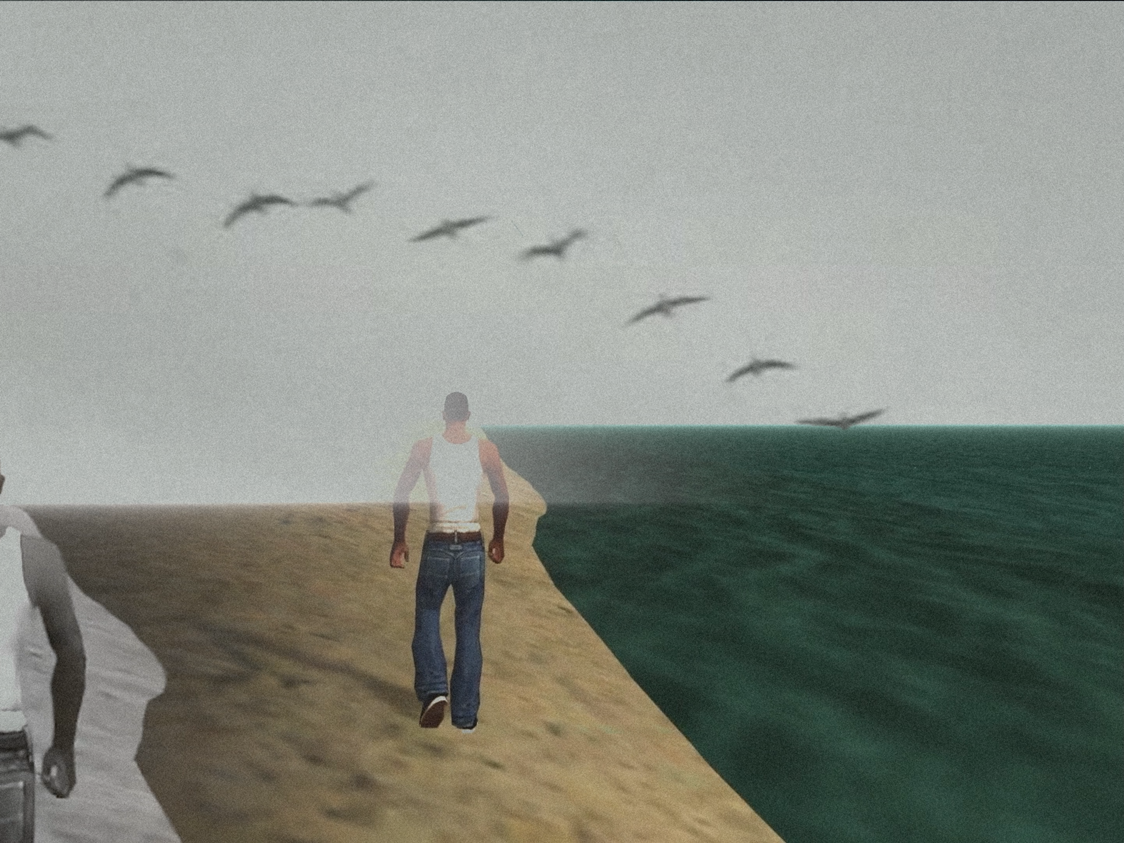 A computer animated man walks down a beach. Birds fly overhead