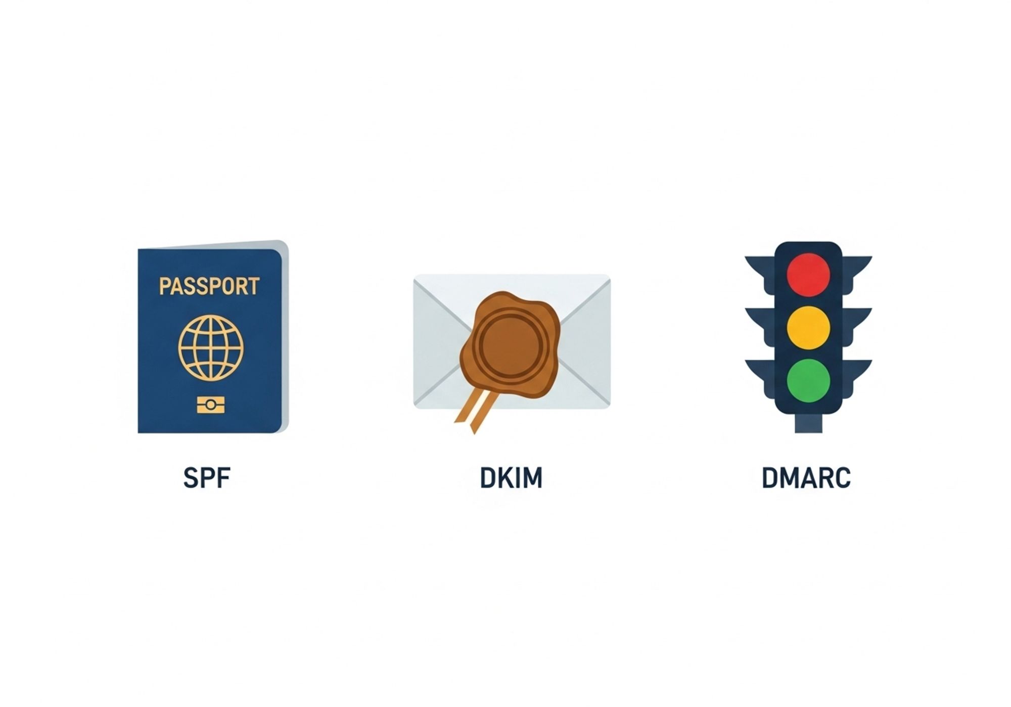 Infografik zu E-Mail-Sicherheit: SPF als Ausweis, DKIM als Siegel und DMARC als Ampel