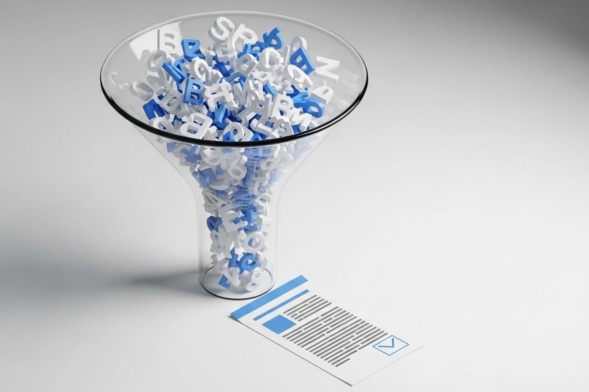 3D-Illustration eines Content-Trichters, der chaotische Textbausteine in eine strukturierte Pressemitteilung verwandelt