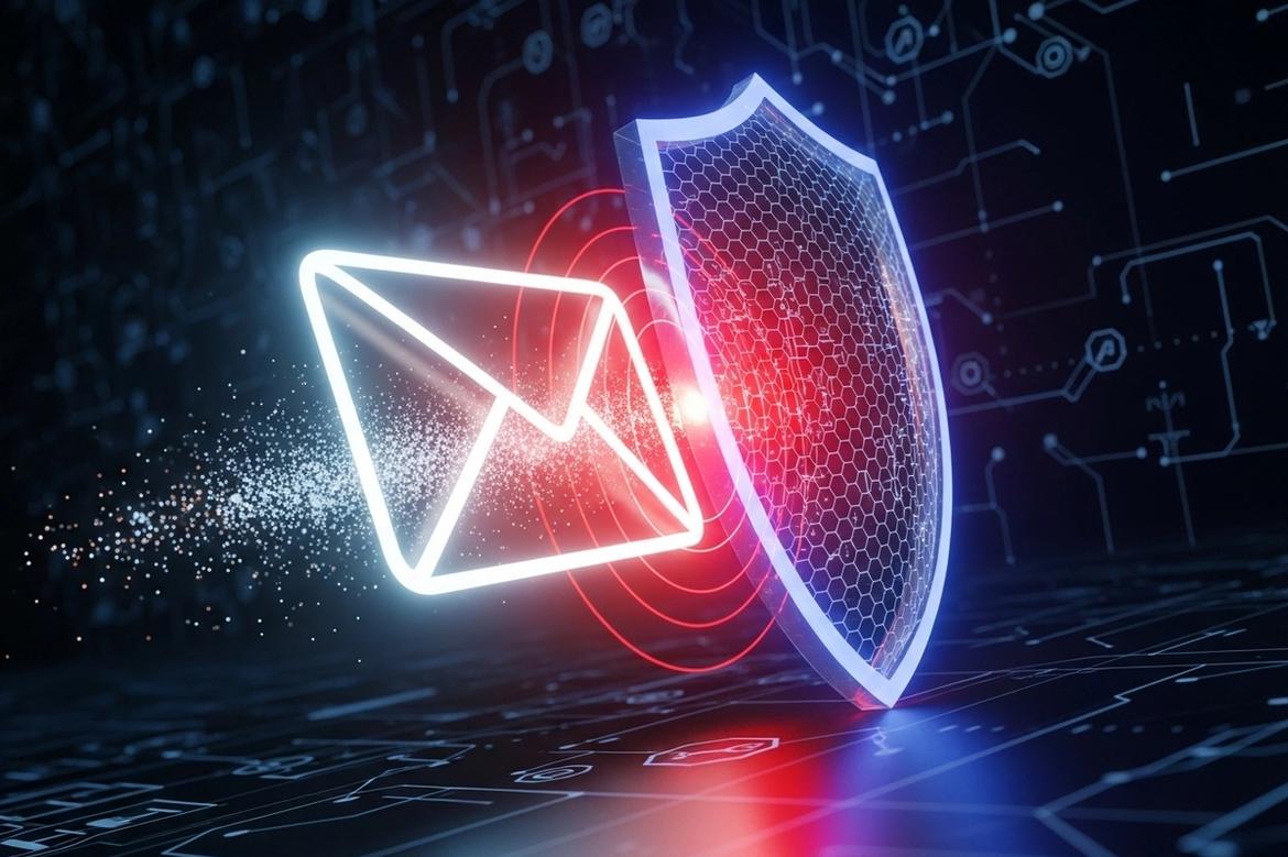 E-Mail wird von digitalem Schutzschild blockiert: Symbolbild für Spam-Filter und fehlende DMARC-Einträge