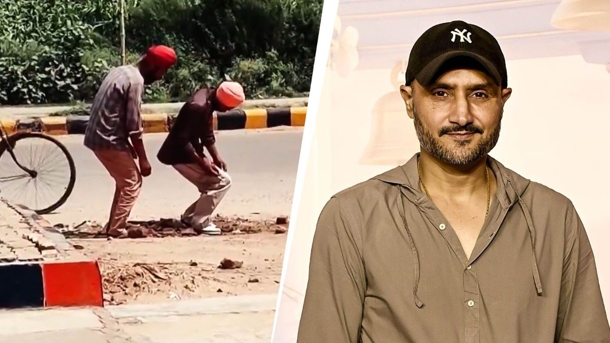 Two turbaned men behaving erratically on a roadside in Rajasthan