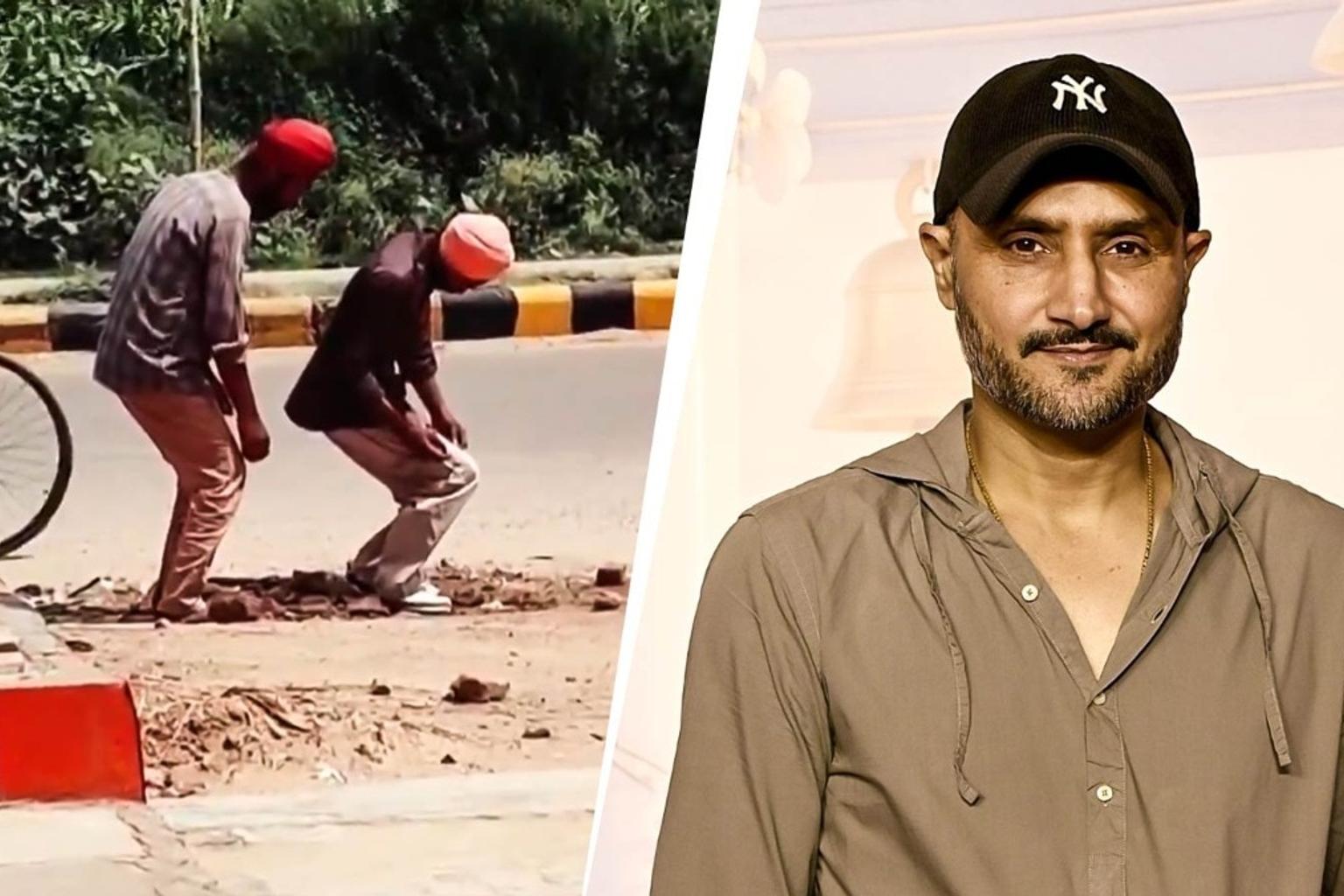 Two turbaned men behaving erratically on a roadside in Rajasthan