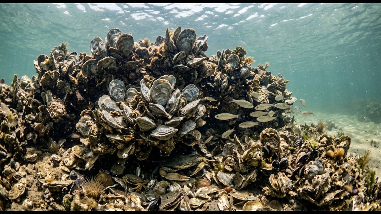 Oyster shells being placed into the Gulf of Mexico to create new reef habitat